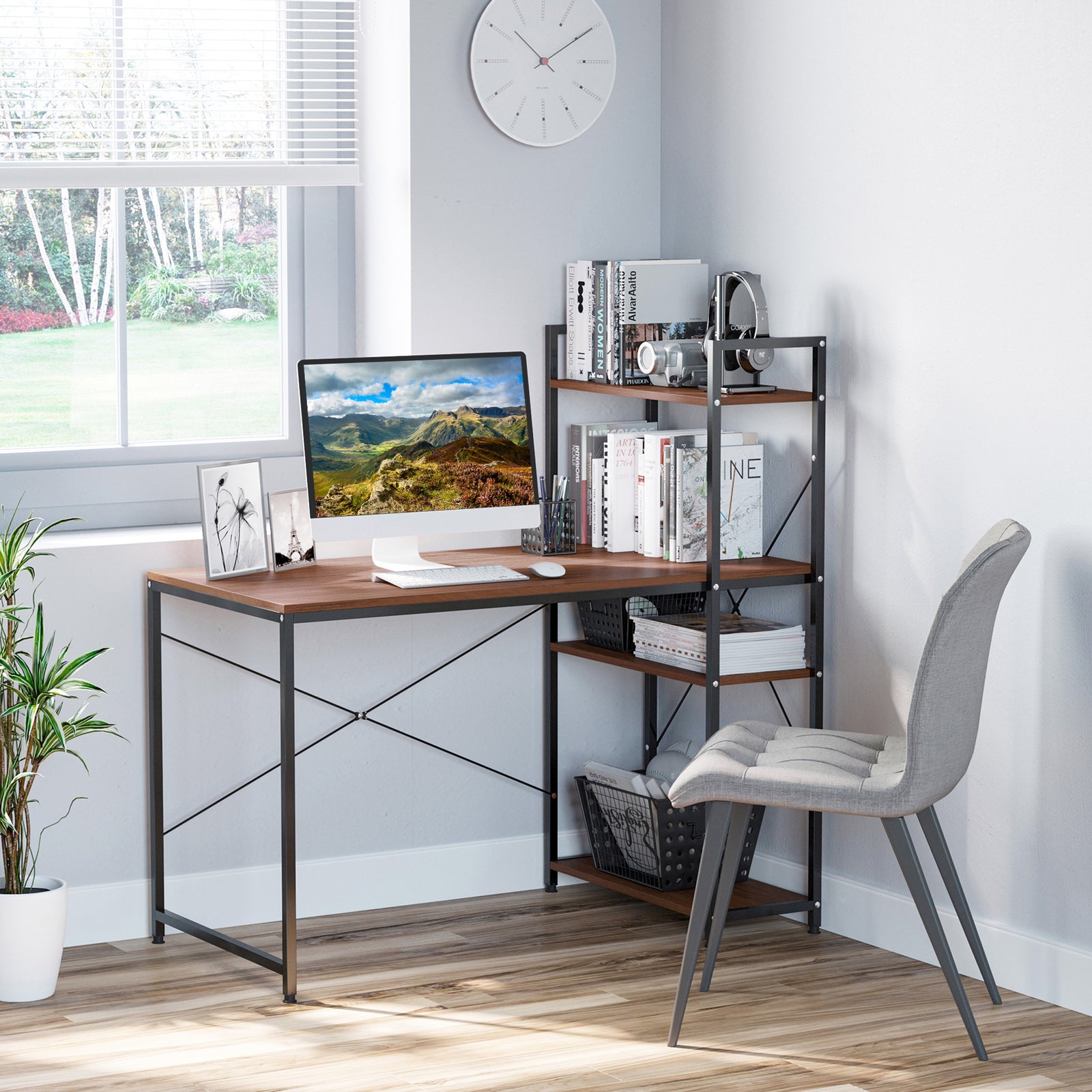 Computer Desk Laptop Table W/4-tier Bookshelf Metal Frame | Brown