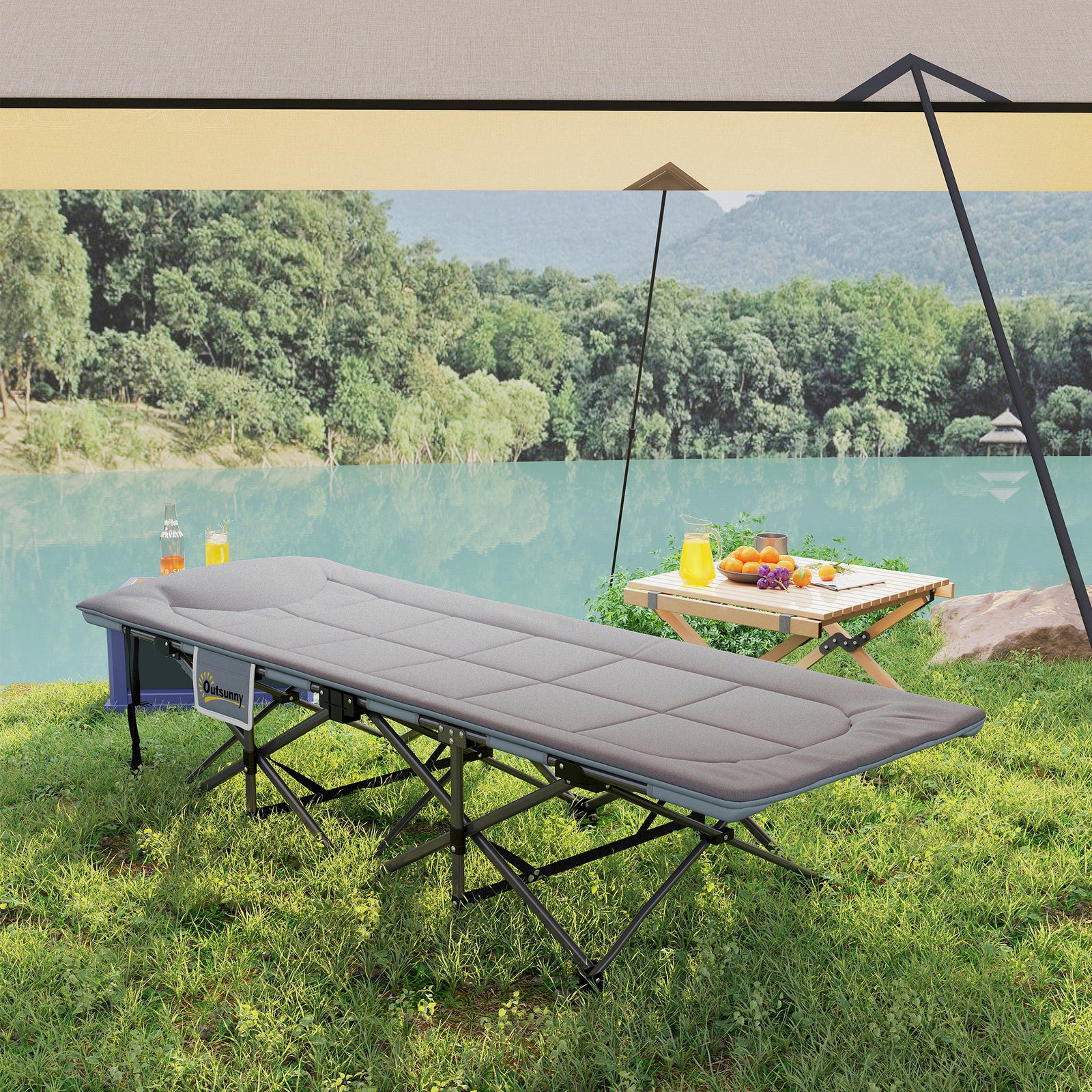 Folding Camping Bed With Cushion | Gray