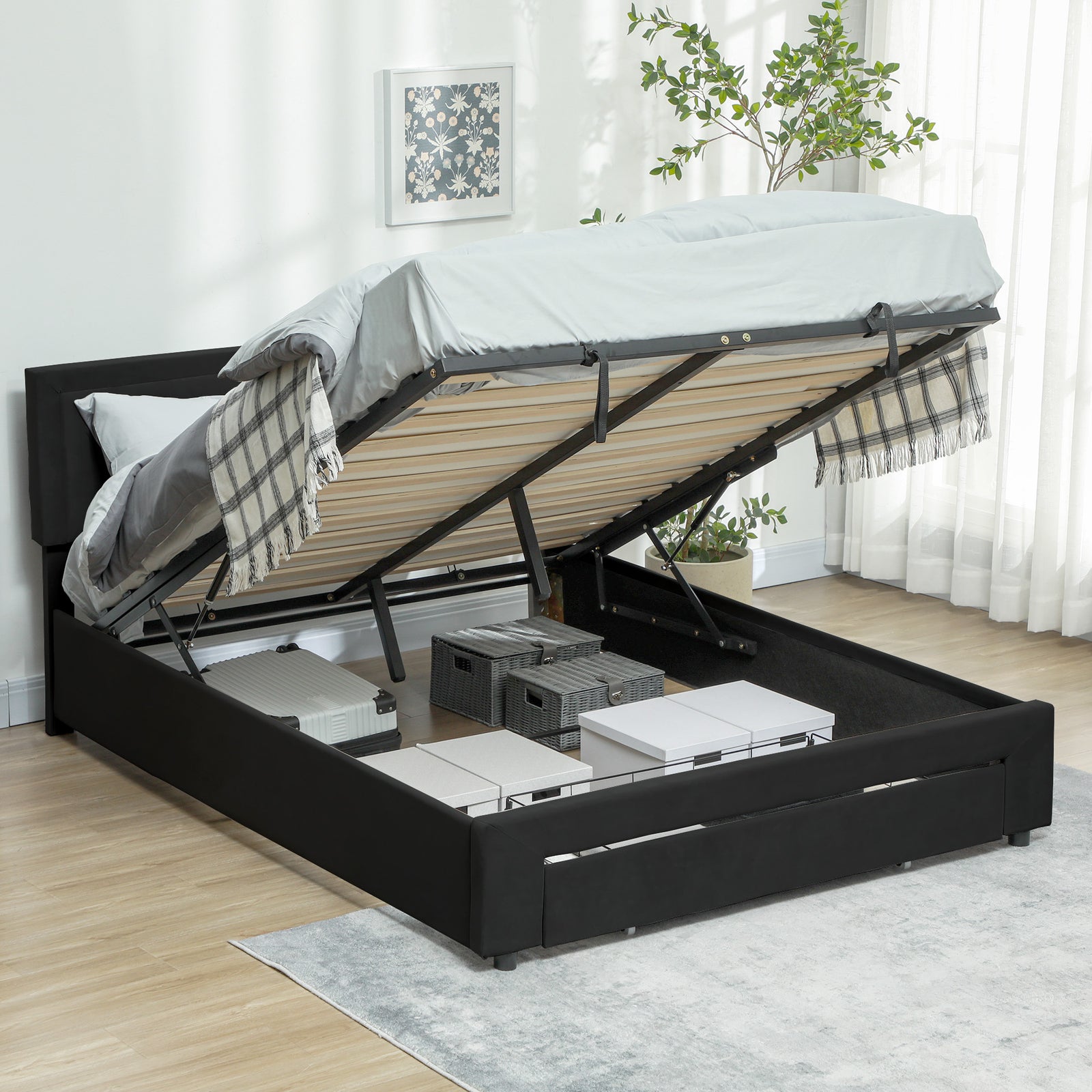 Double Bed Frame With Storage And Adjustable Velvet Headboard | Black