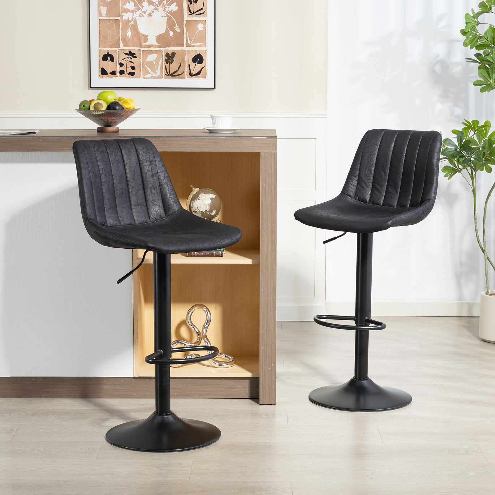 Bar Stools Set Of 2 Adjustable Swivel Bar Chairs With Backrest Black