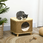 Elevated Design Wicker Cat House With Washable Cushion, Light Brown