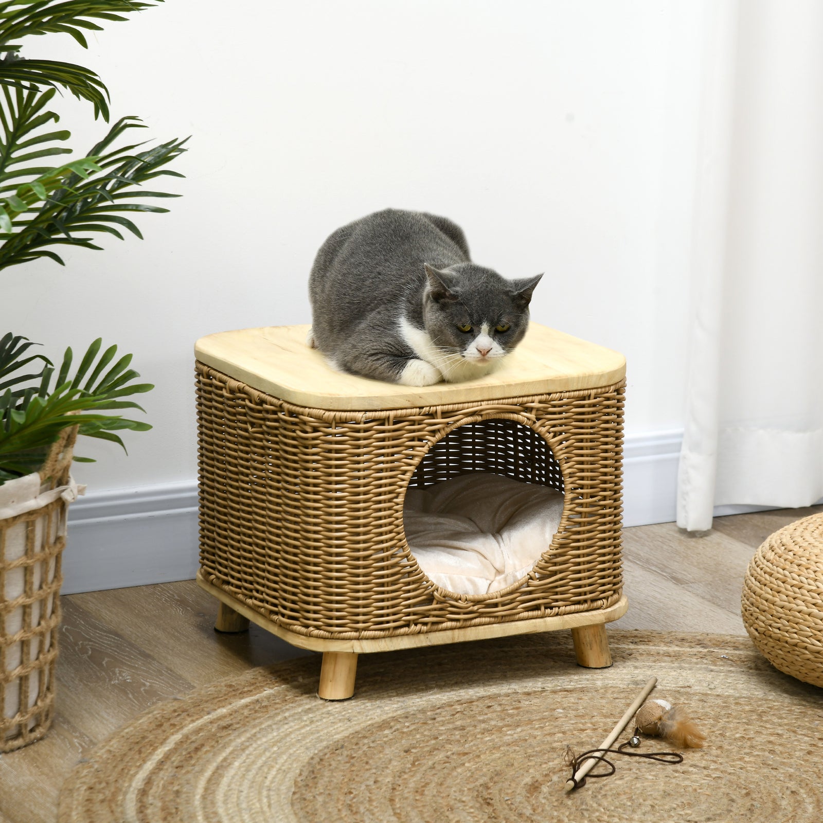 Elevated Design Wicker Cat House With Washable Cushion, Light Brown