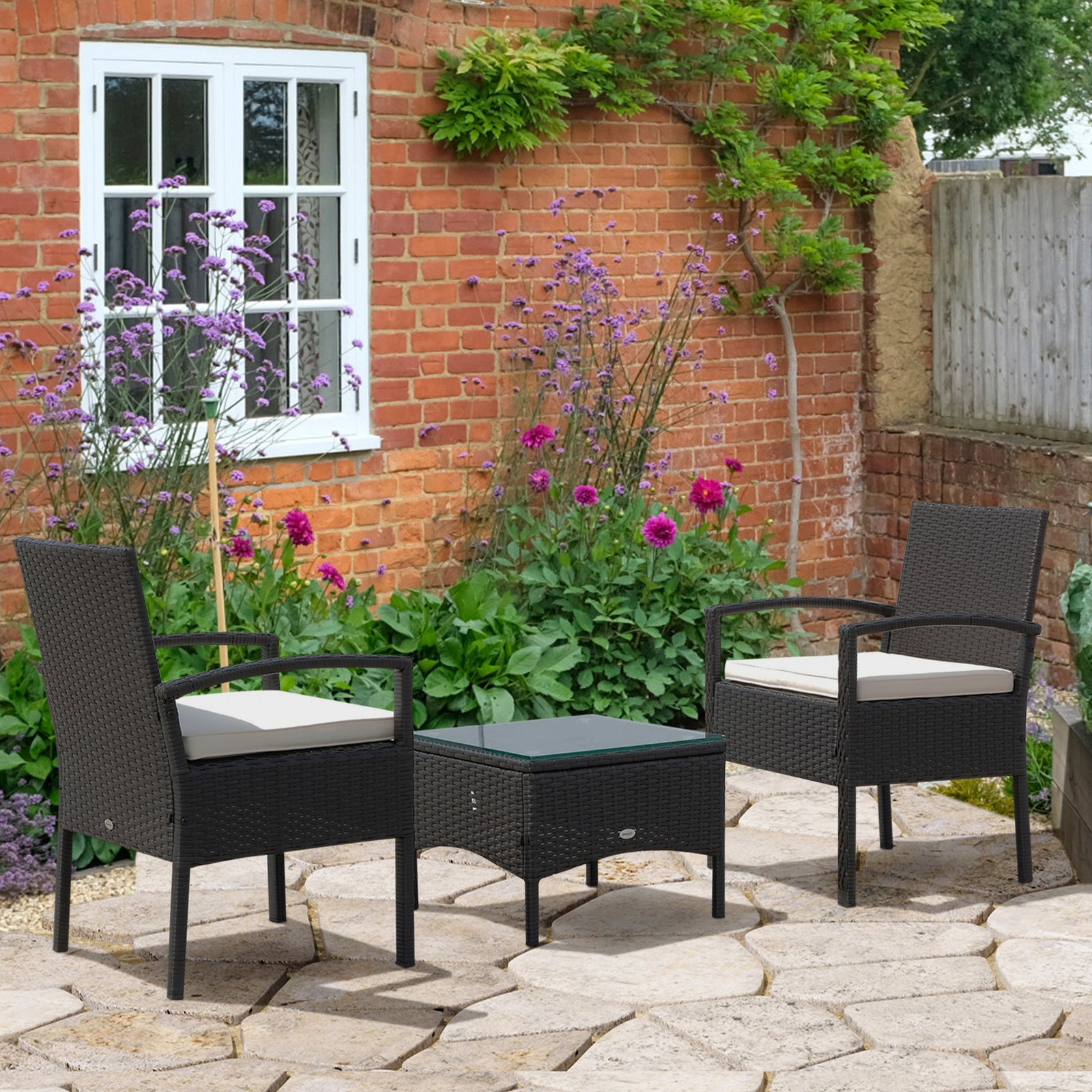 3pc Garden Rattan Bistro Set Dining Table 2 Seater Chair | Brown