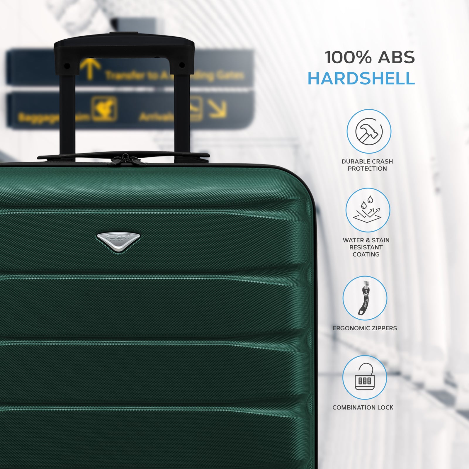 56x45x25cm Large Cabin Carry On Case - Overhead Luggage Suitcase - 4 Spinner Wheels - Abs Shell | 56 x 45 x 25cm | Forest Green