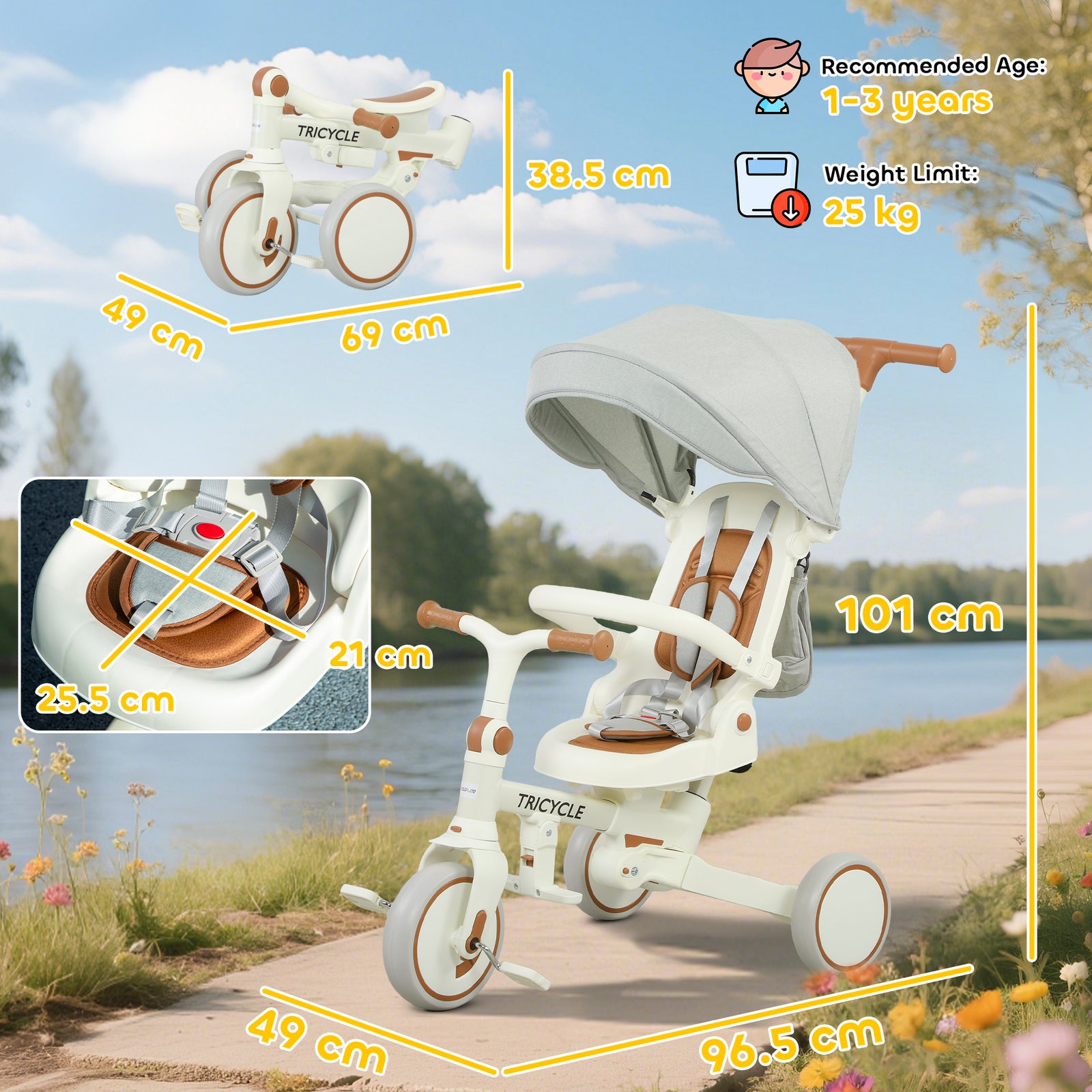 5 In 1 Foldable Kids Trike, Toddler Tricycle For 1-3 Years | Cream