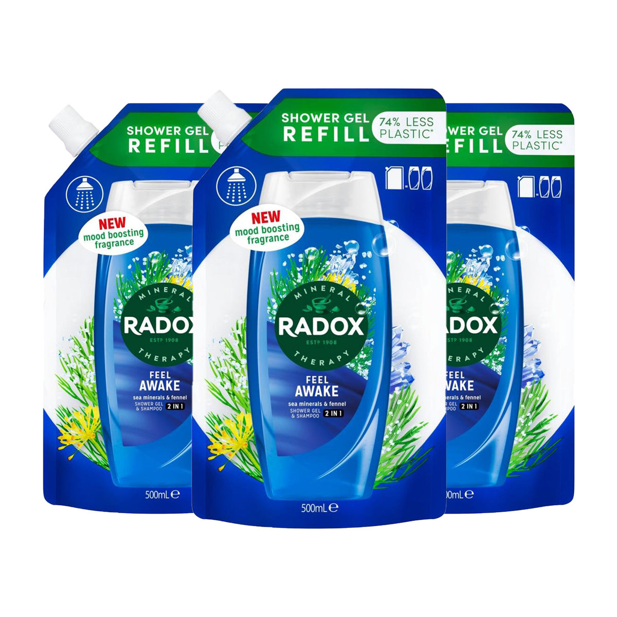 Mineral Therapy 2-in-1 Shower Gel Refill Pouch Feel Awake, 500ml, 3pk | 3 | Blue