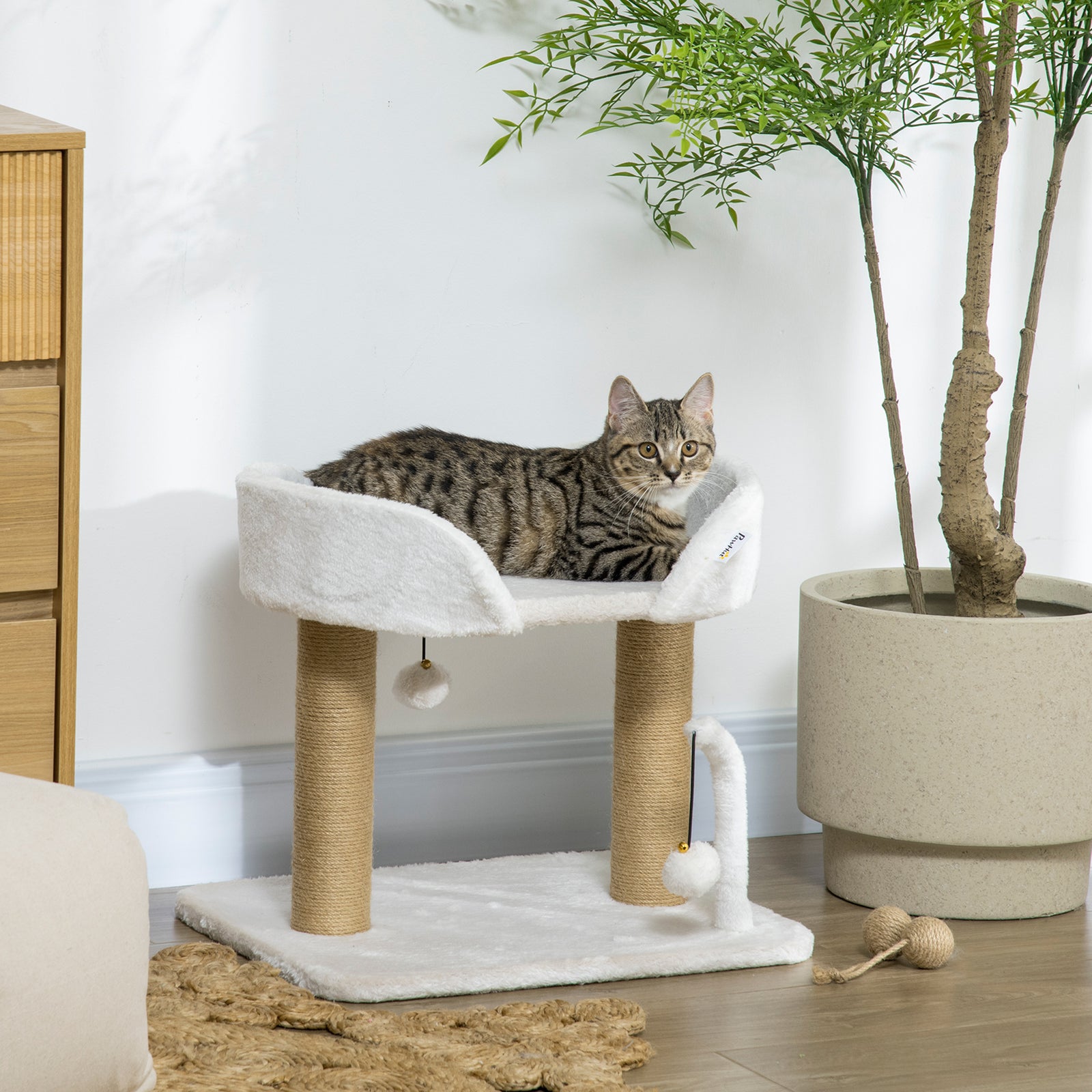 42cm Indoor Cat Tree, Kitty Play Tower W/ Toy Balls, Jute Scratching Post | White