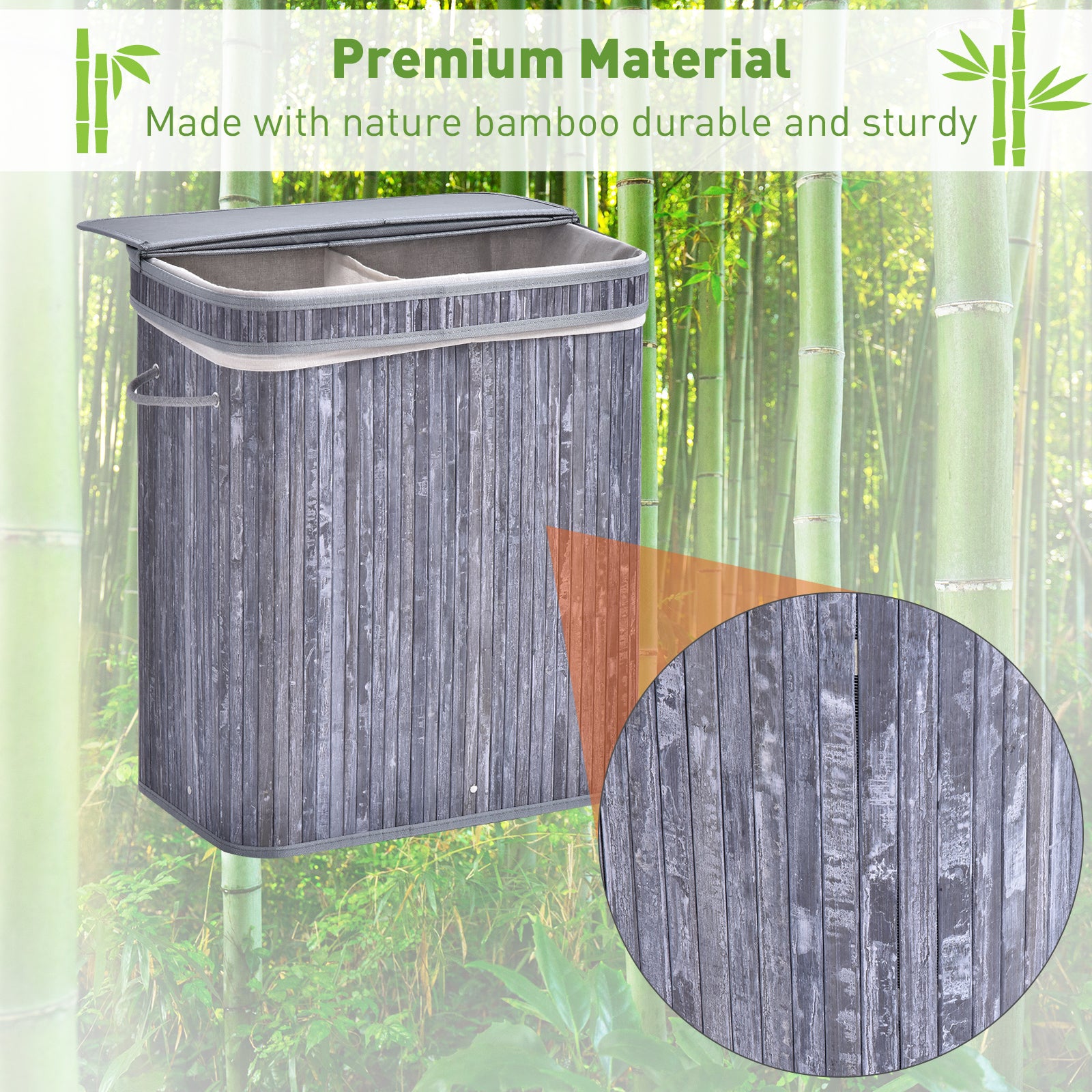 100l Wood Laundry Basket W/ Split Compartment Lid Removable