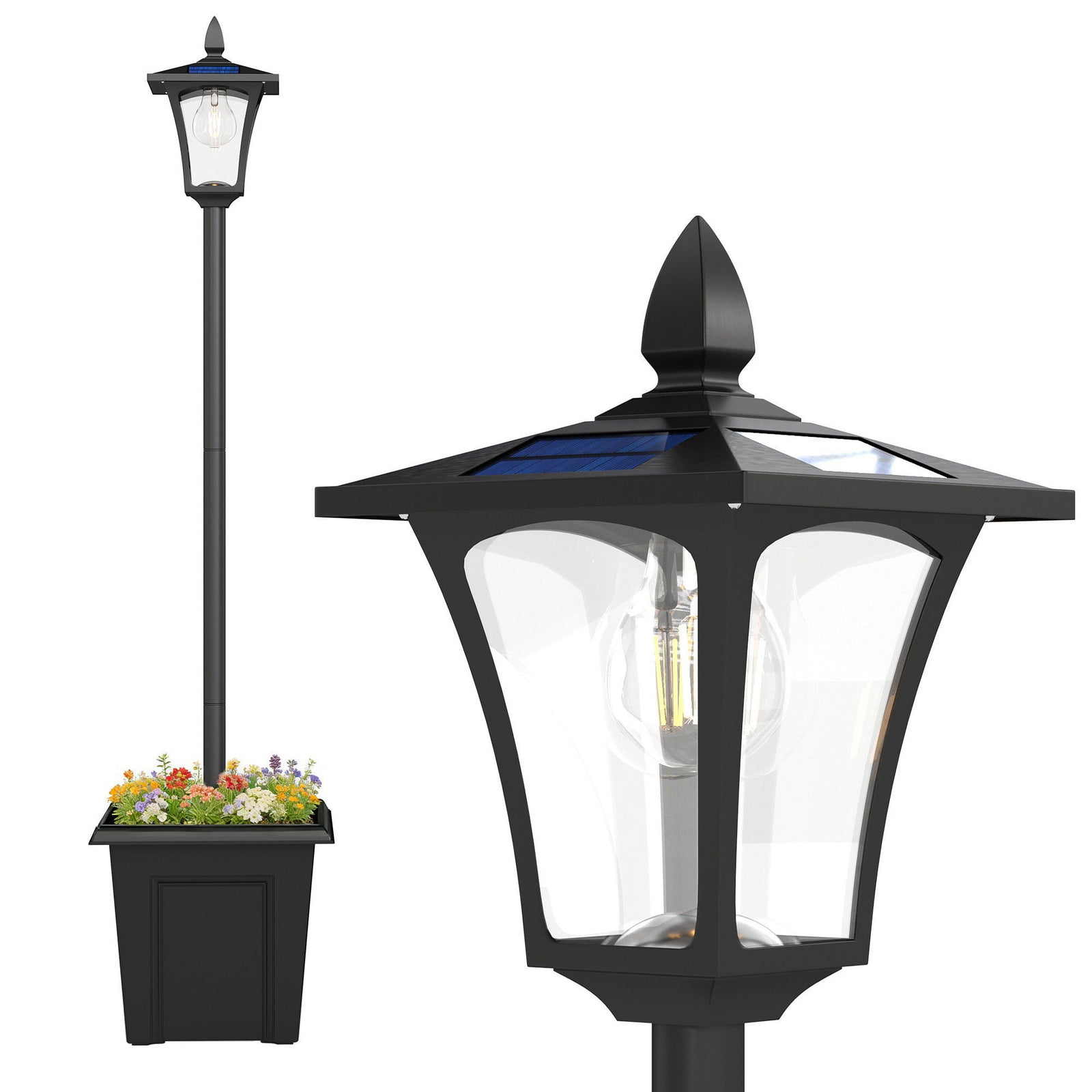 Outsunny 160cm Garden Solar Lamp Post Light, Led Solar Light Post, Black