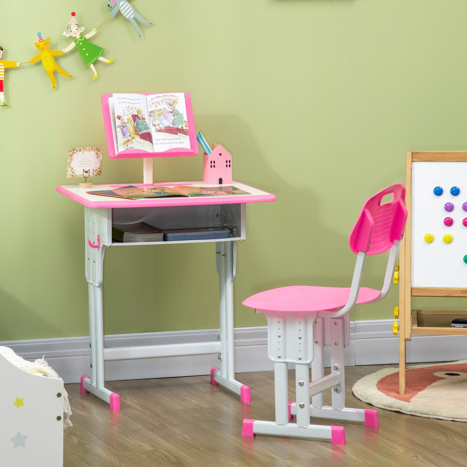 Kids Desk And Chair Set W/ Drawer, Book Stand, Pen Slot | Pink