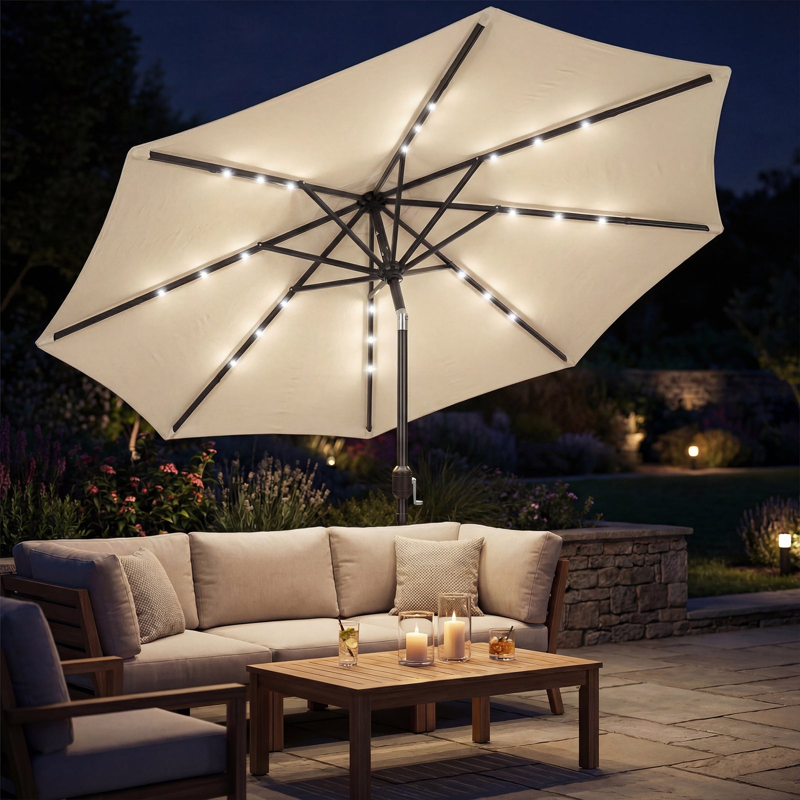2.6 M Garden Parasol Umbrella With Light, Outdoor Patio Umbrella | Beige