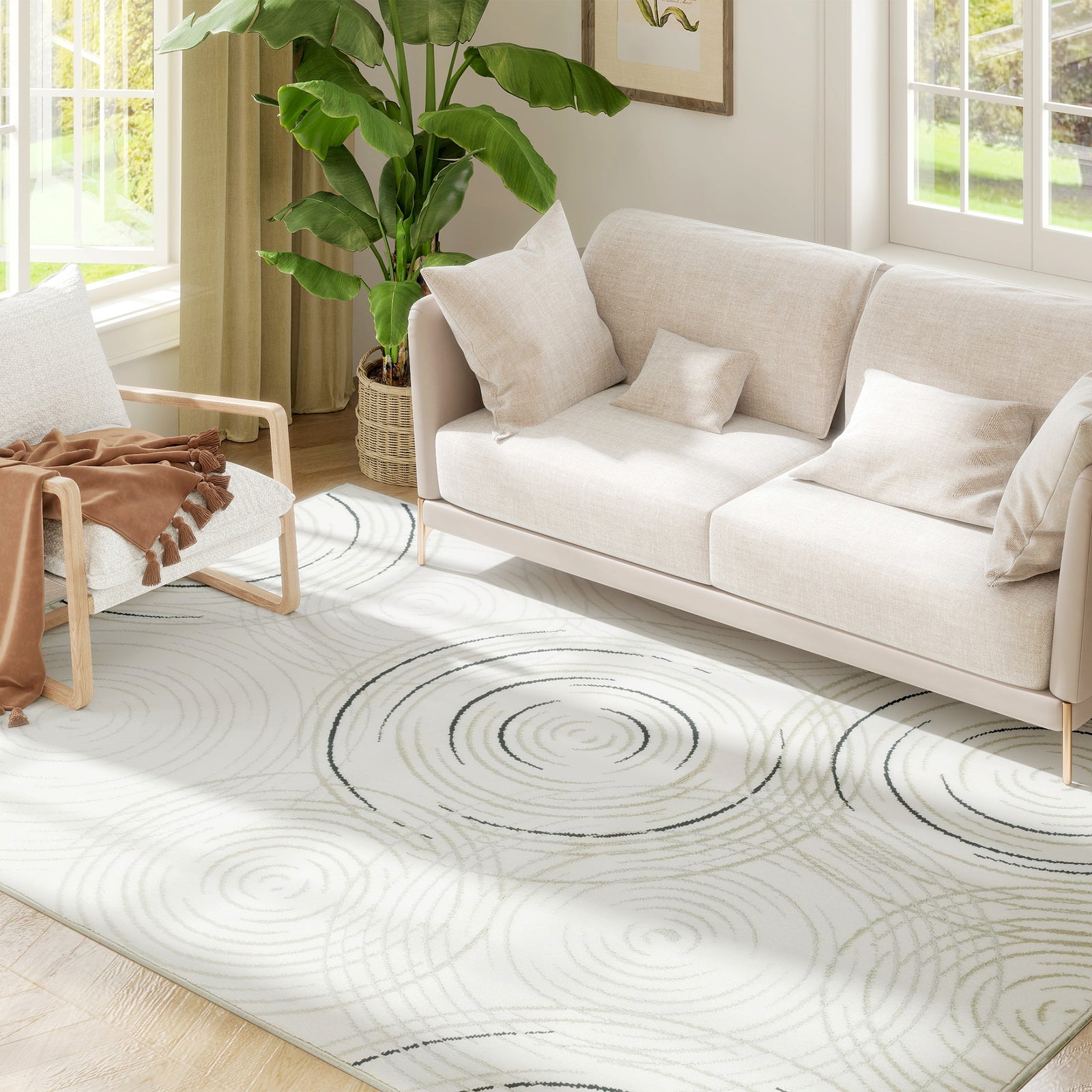 Swirl Pattern Washable Area Rug, Allergy-friendly Floor Carpet | L | Cream