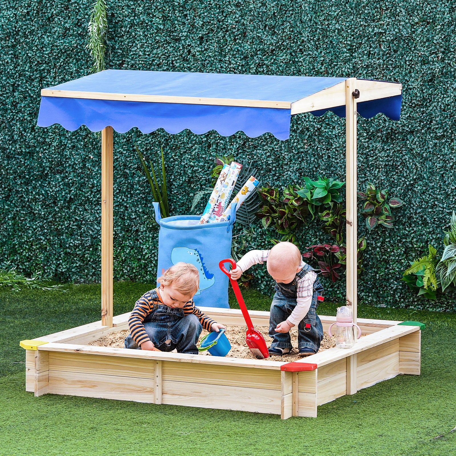 Kids Wooden Cabana Sandbox Children Outdoor Playset W/ Bench Canopy