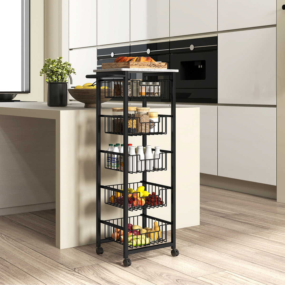 HOMCOM 5-tier Kitchen Island On Wheels With 5 Pull-out Baskets, Light Grey