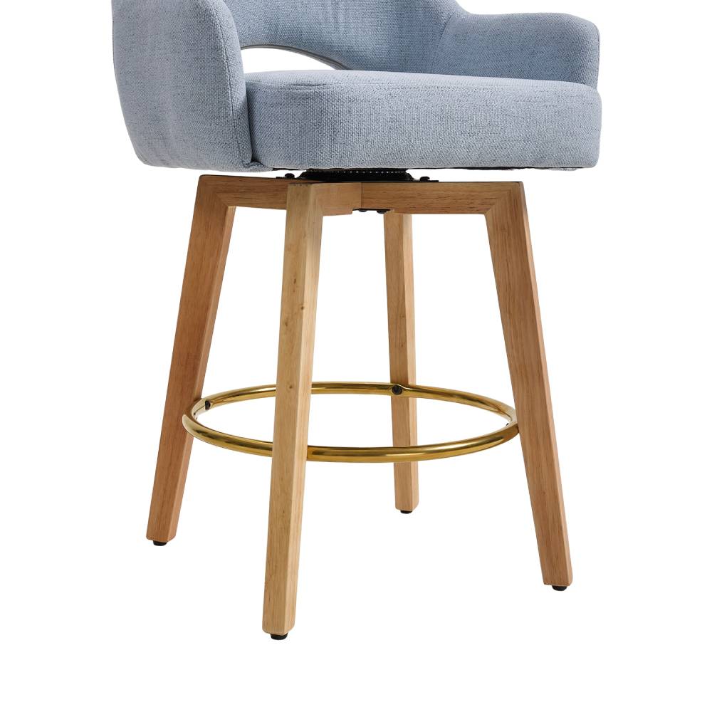 Set Of 2 Swivel Chenille Upholstered Bar Stools With Wooden Legs | Blue
