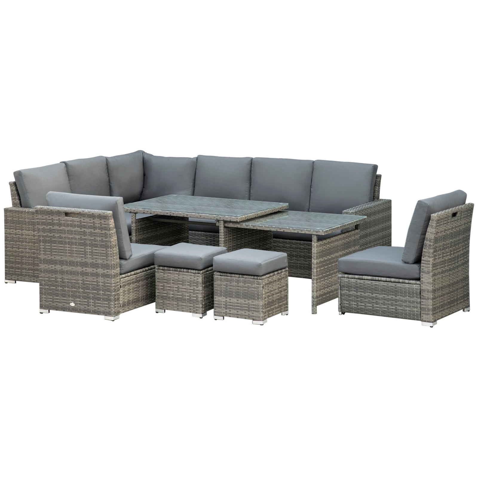 Sofa Sectional W/ Cushioned Seat, Footstools And Glass Table | Gray