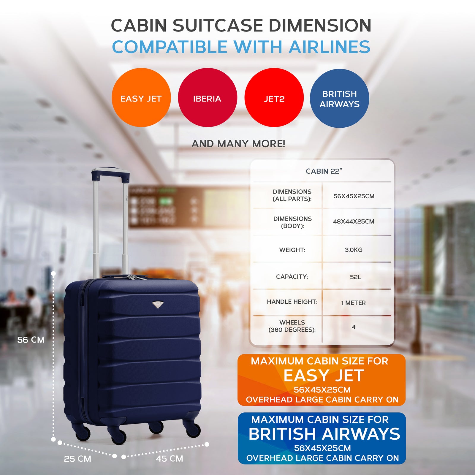56x45x25cm Large Cabin Carry On Case - Overhead Luggage Suitcase - 4 Spinner Wheels - Abs Shell | 56 x 45 x 25cm | Navy Blue