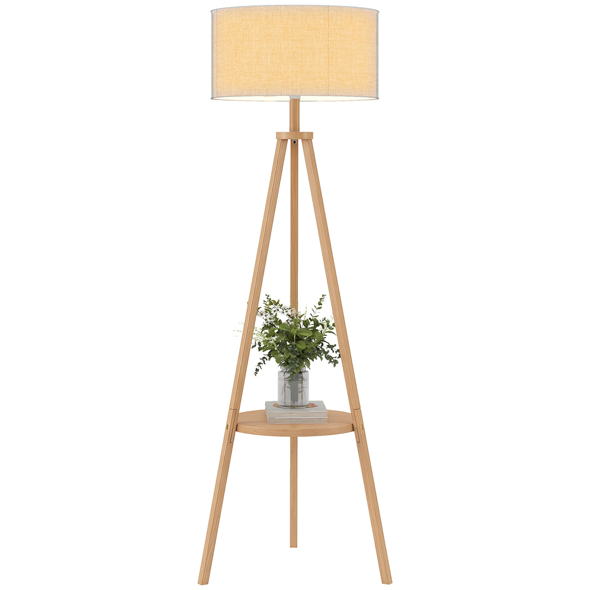 HOMCOM Bedside Light With Storage Shelf And Linen Shade, Natural