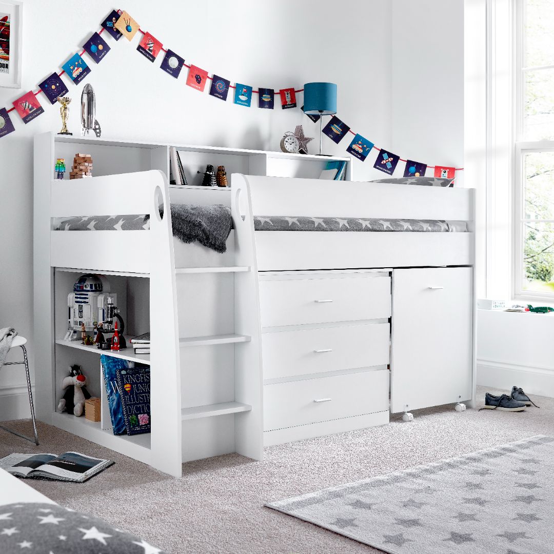 Ersa Mid Sleeper Bed With Desk With Orthopaedic Mattress | Single | White