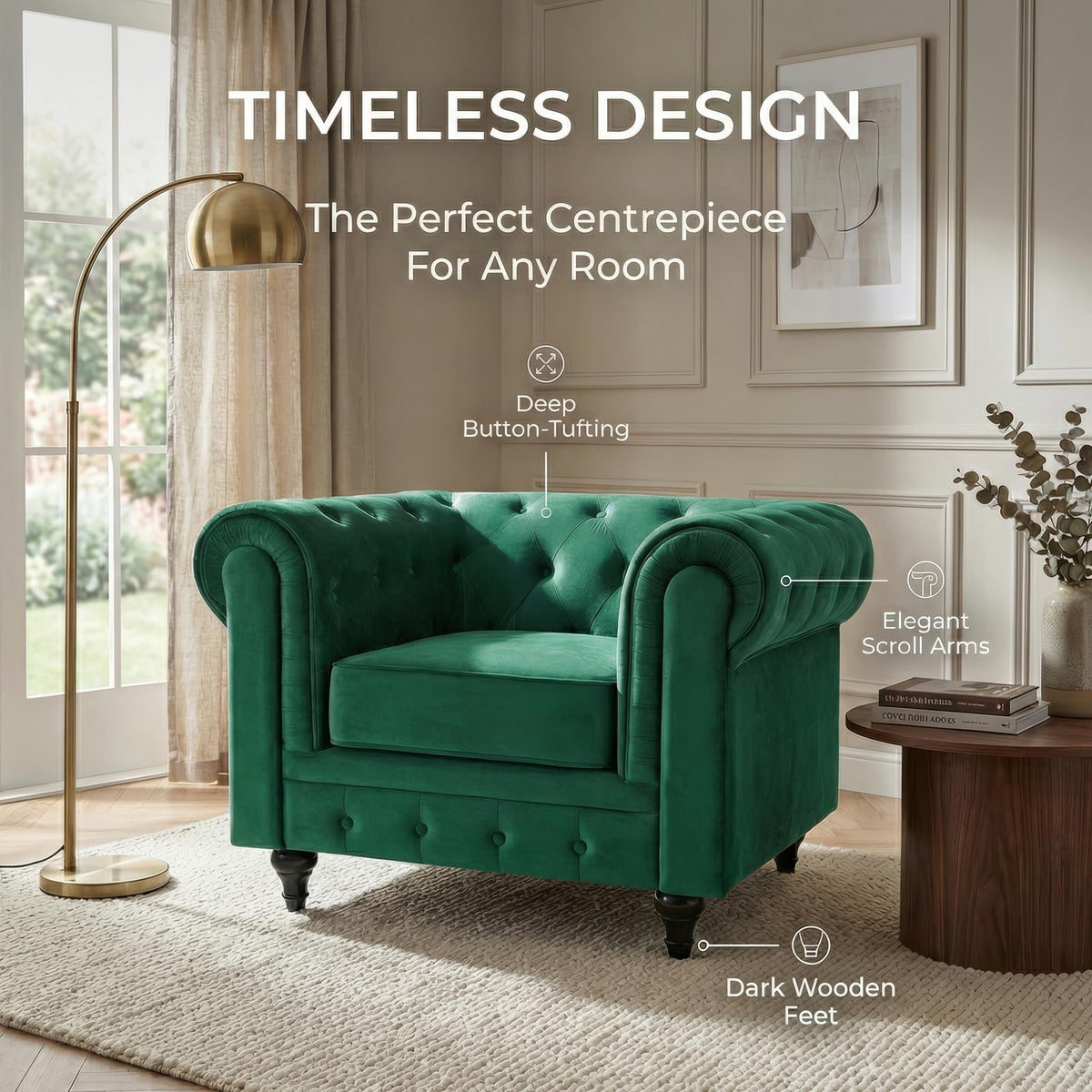 Chesterfield Scroll Arm Velvet Sofa 1 Seater | Emerald