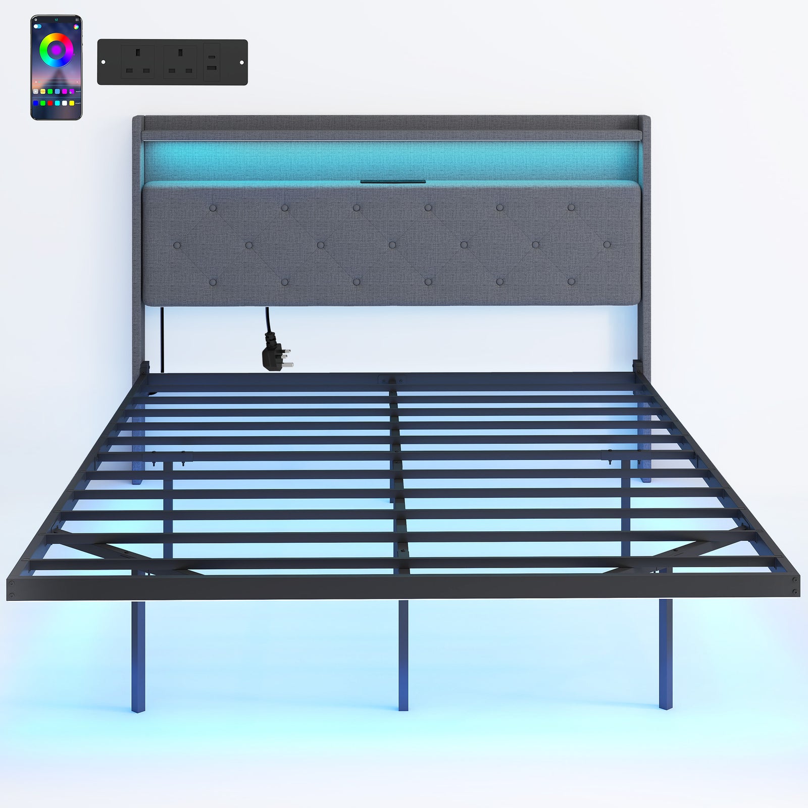 Floating Bed Frame With Rgb Lights, Upholstered Bed | Double | Grey