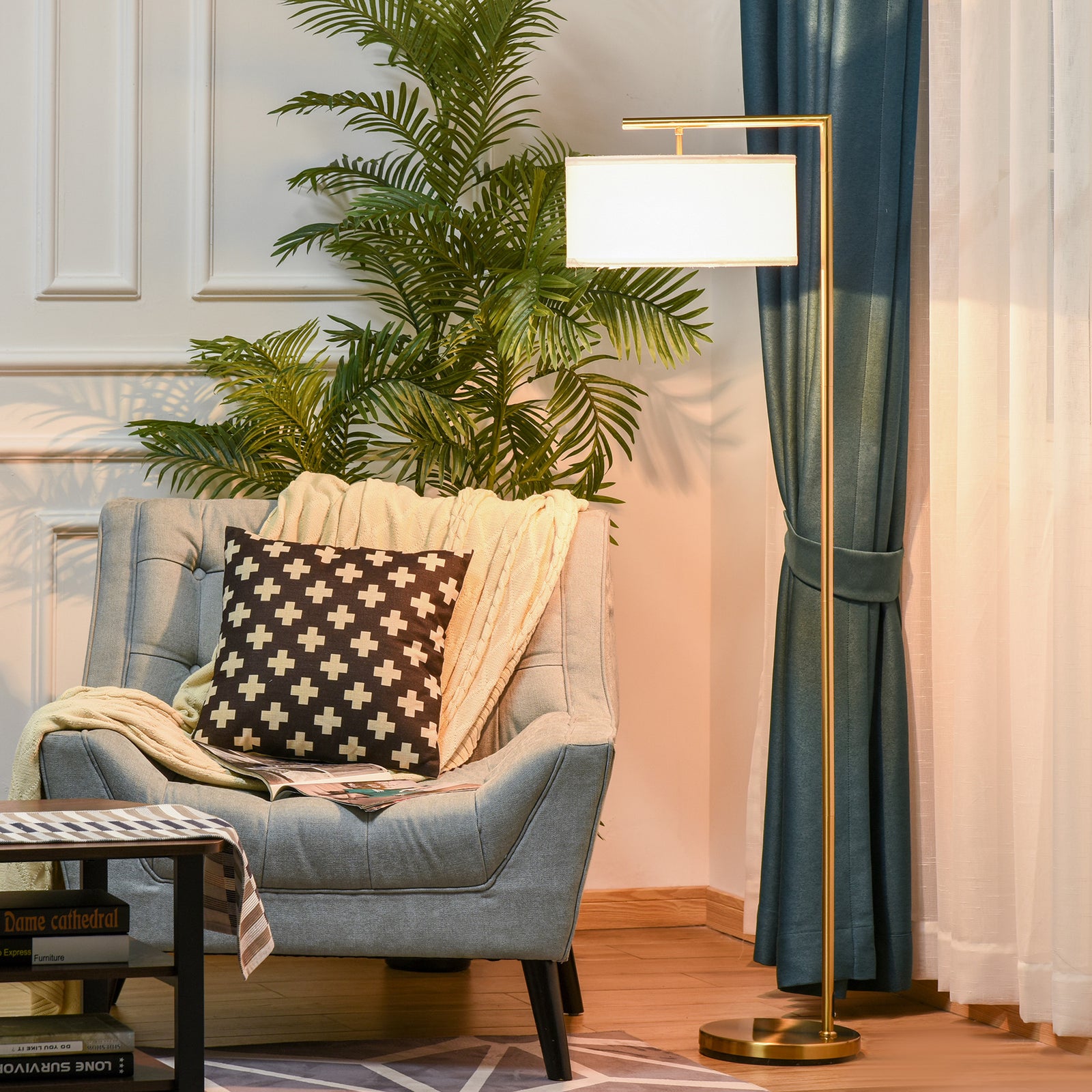 Floor Lamp With Linen Lampshade Round Base Bedroom