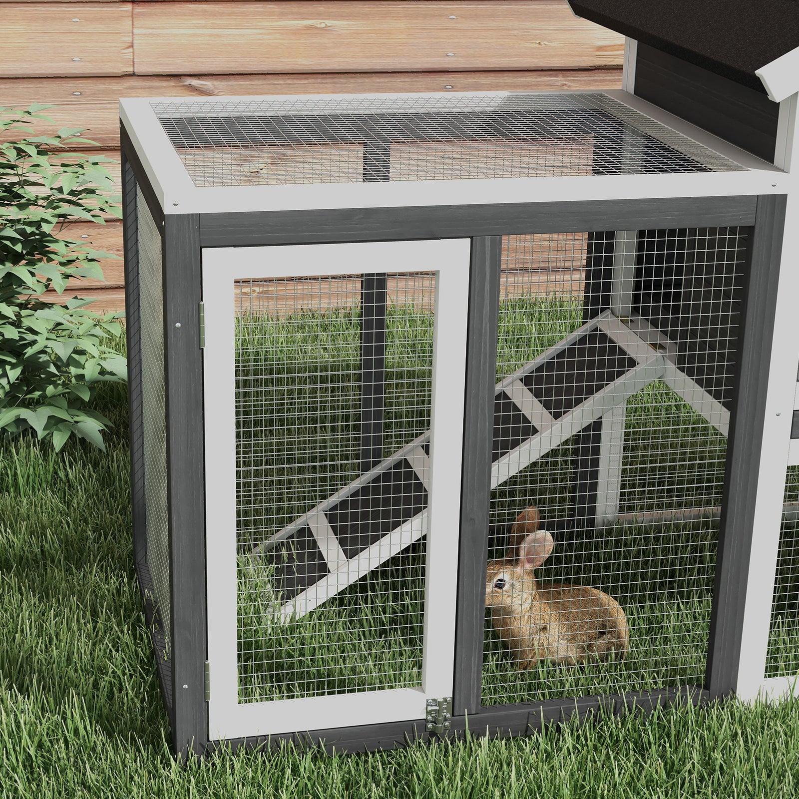 122cm Wooden Rabbit Hutch Bunny Cage Pet House With Tray Ladder Run | Grey