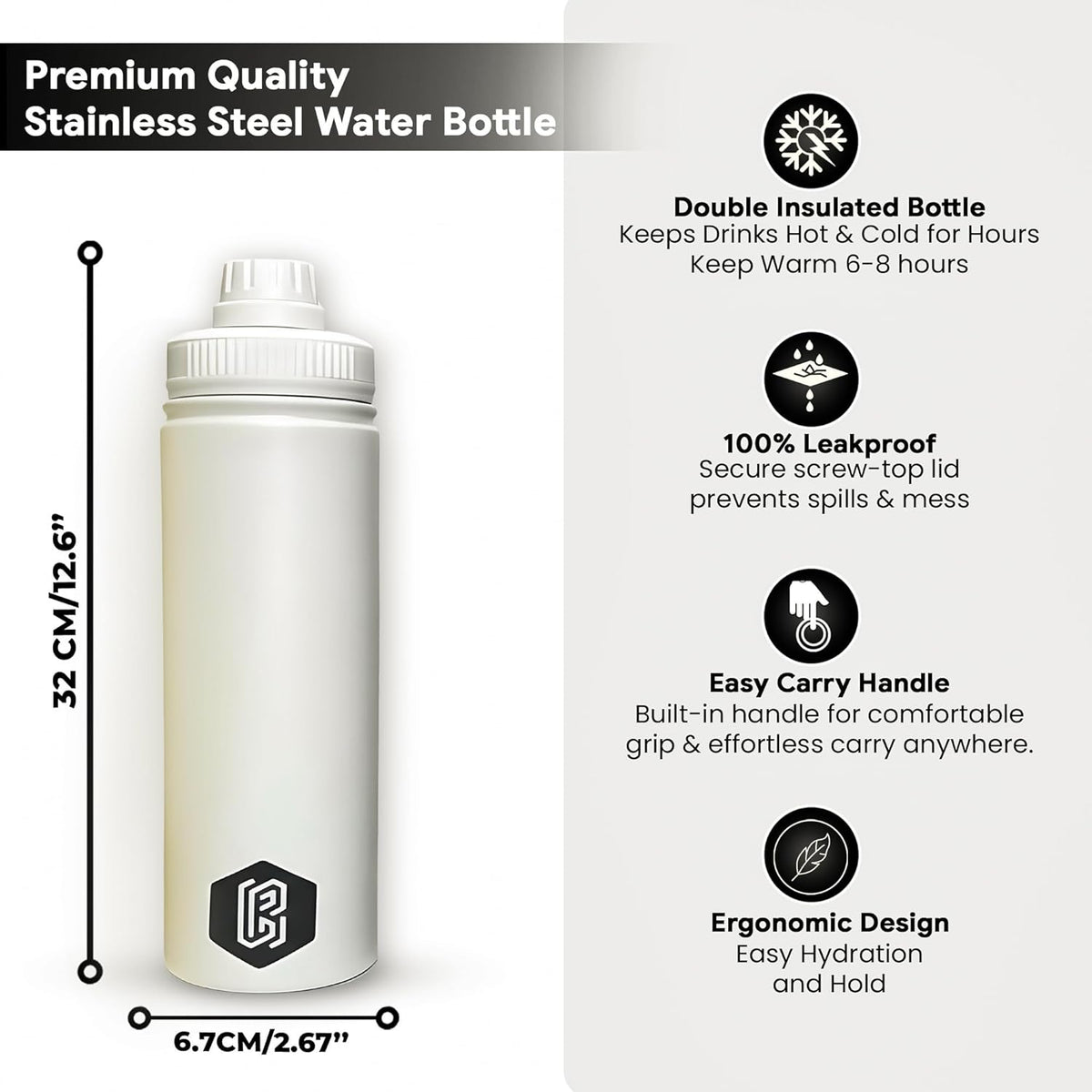 800ml Insulated Stainless Steel Water Bottle Magnetic Phone Holder | White