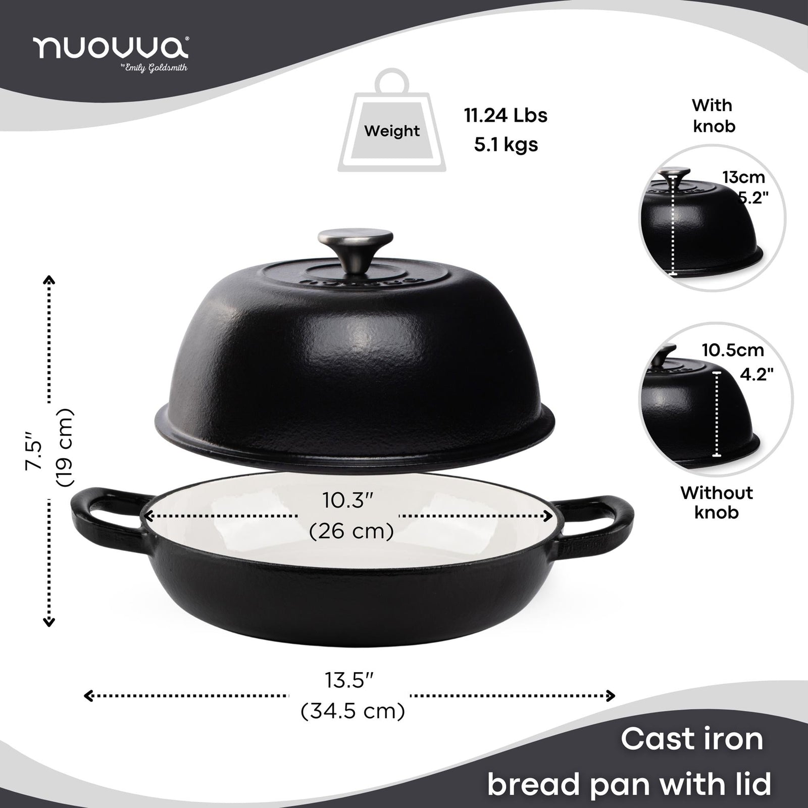 Enamelled Cast Iron Dutch Oven Bread Pot, 22cm (5.6l) | Black