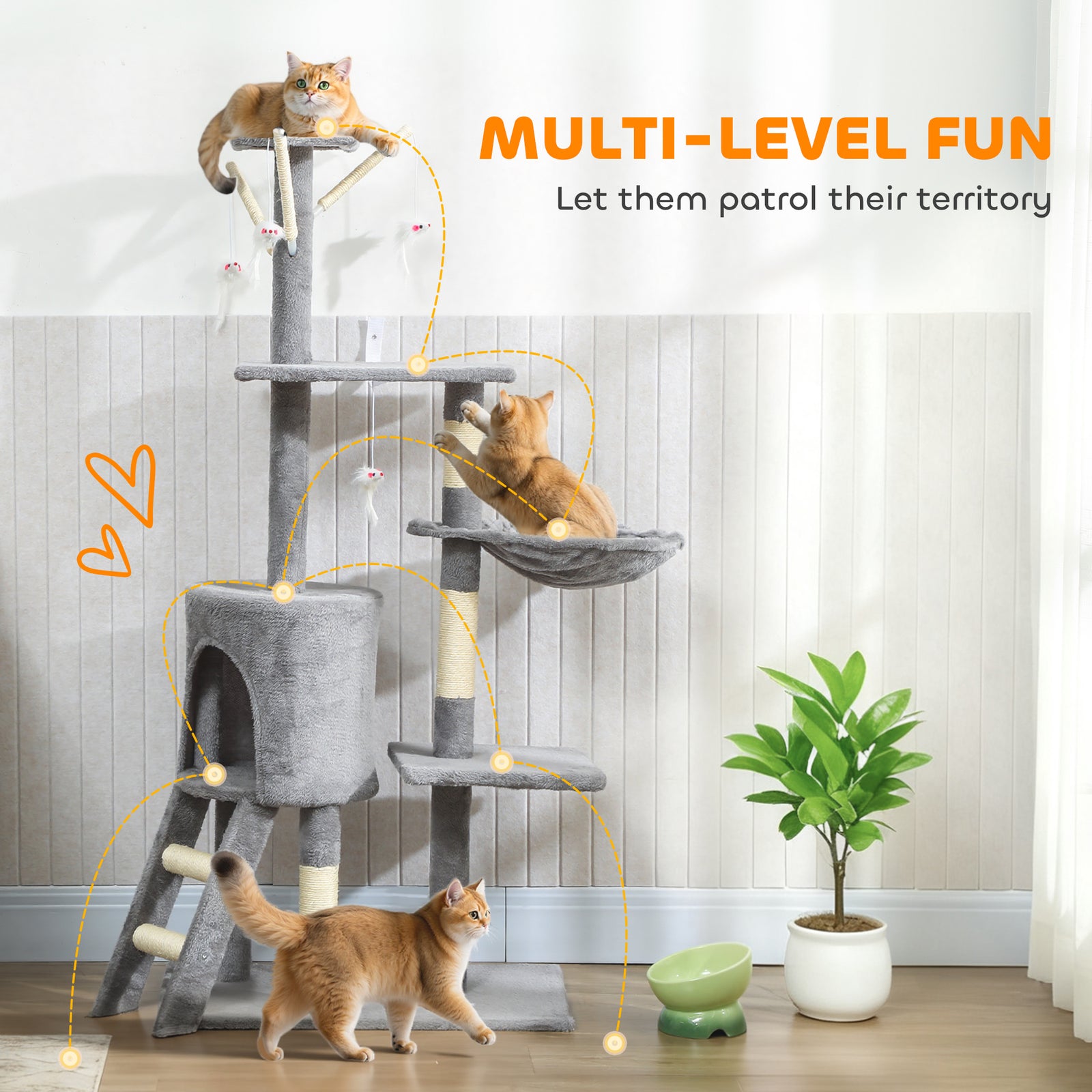 Cat Tree For Indoor Cats, 134cm Scratching Post Climbing Tower | Grey