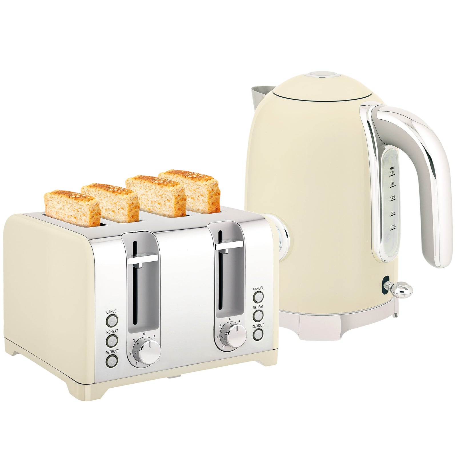 3000w 1.7l Kettle With Retro Thermometer, 4 Slice Toaster Set | Cream