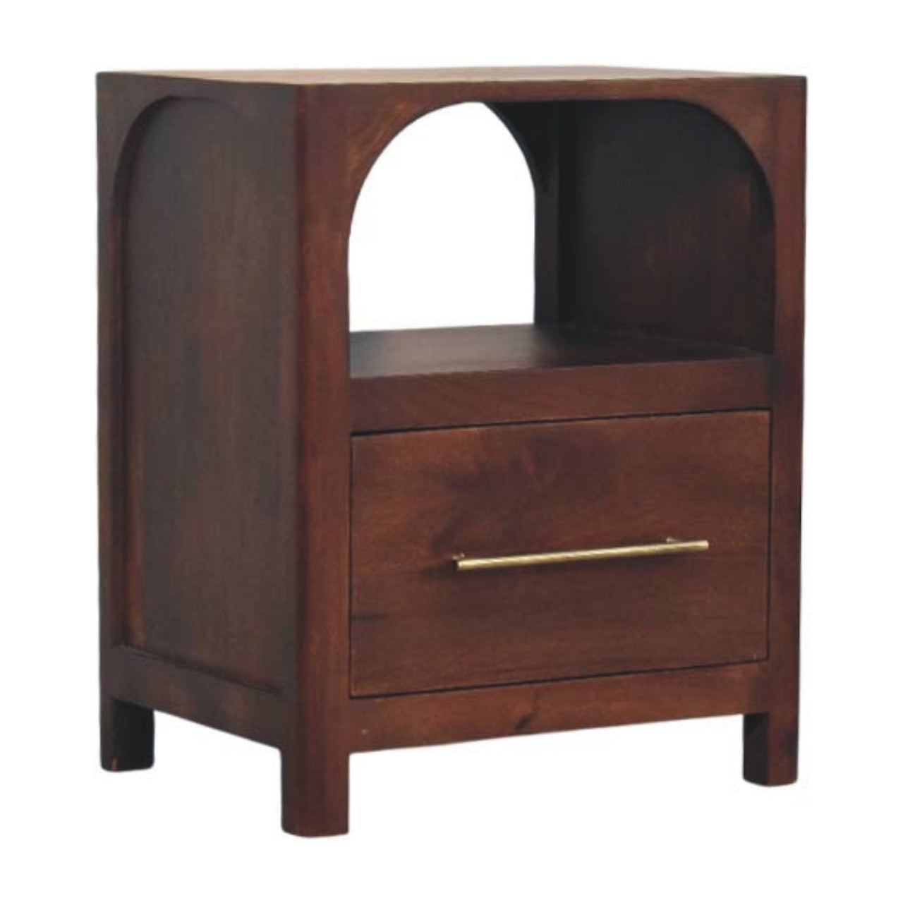 Arched Edge 1 Drawer and 1 Open Shelf Bedside, Warm Brown
