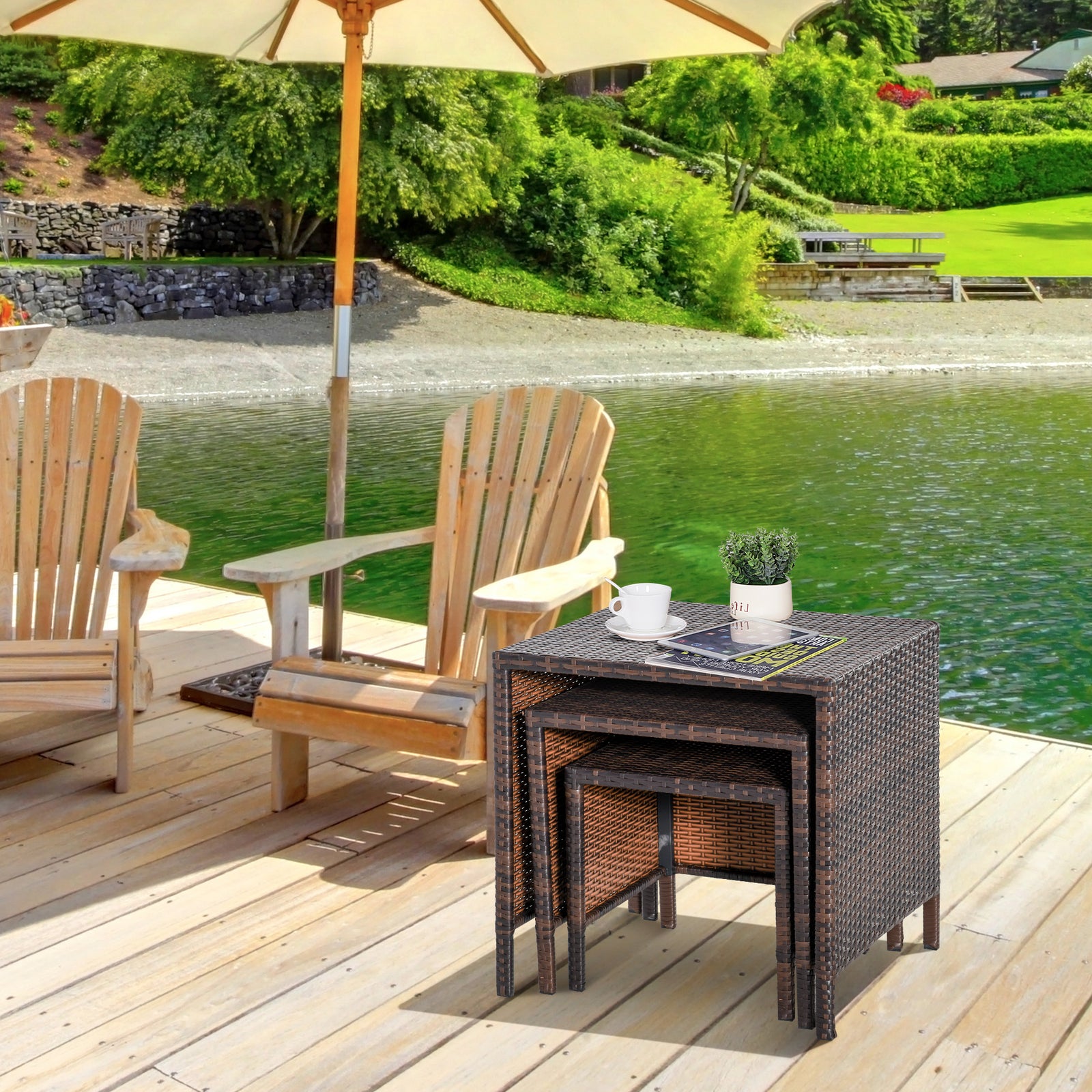 3 Pieces Pe Rattan Side Table Set