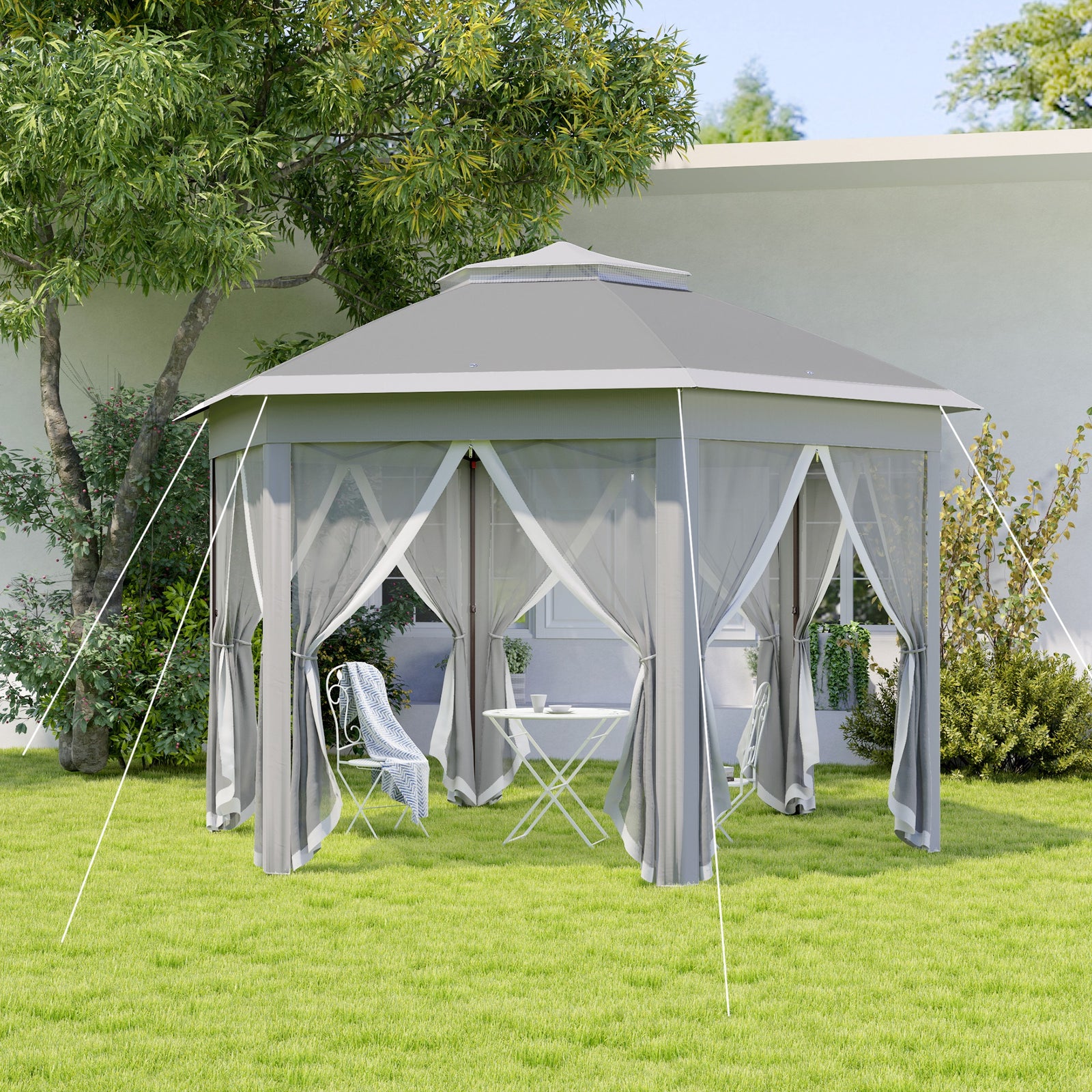 3x4m Hexagon Gazebo W/ Metal Frame Mesh Curtains