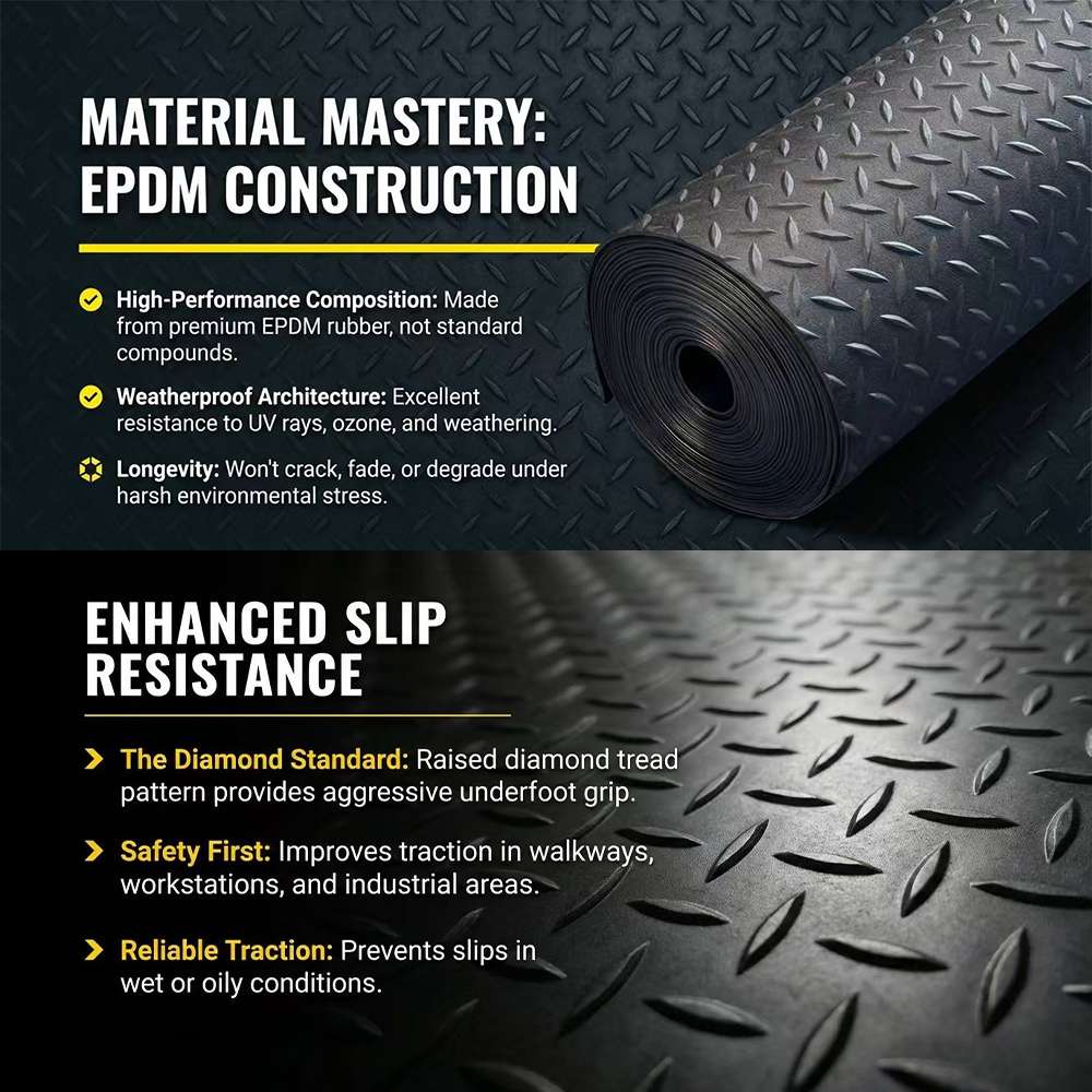 Diamond Tread Recycled Rubber Flooring Rolls - 1.7m Wide | 11m | Black