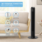 Smart Bladeless 38" Tower Fan 3 Speeds - Remote & Oscillation Feature | Black