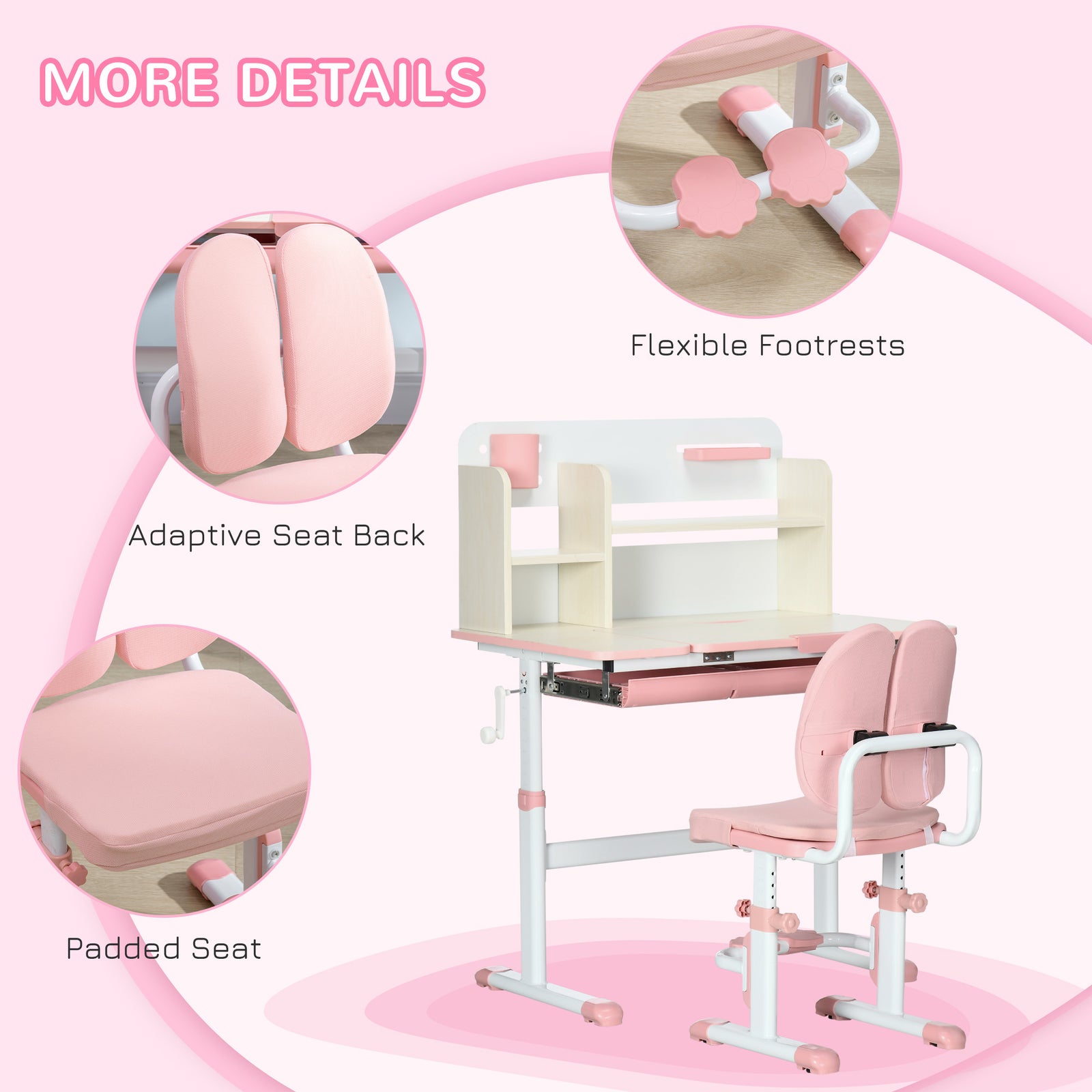 Kids Desk And Chair Set With Storage Shelves, Washable Cover | Pink