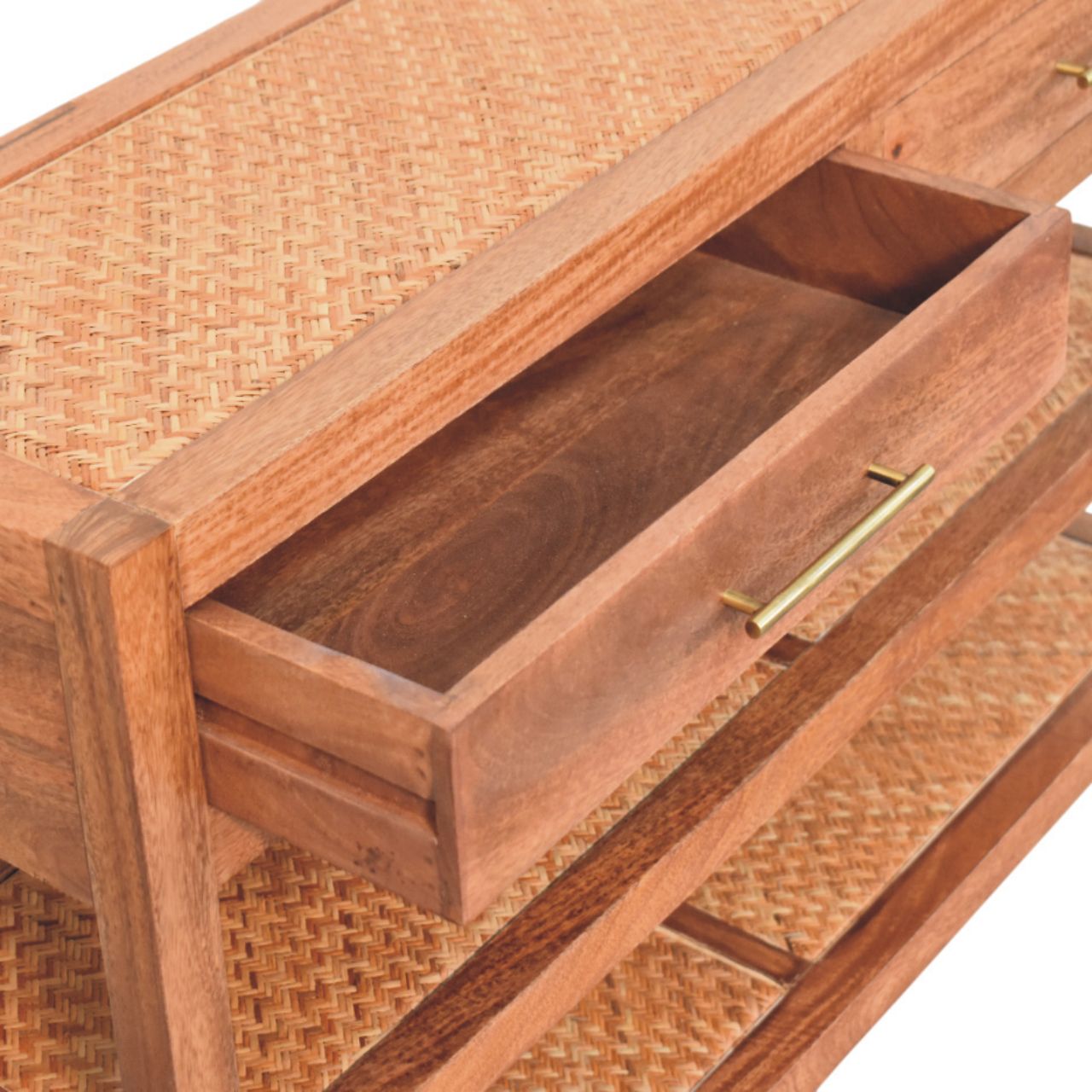 Saffron Rattan Console – Solid Mango Wood With Woven Rattan & Brass Accents