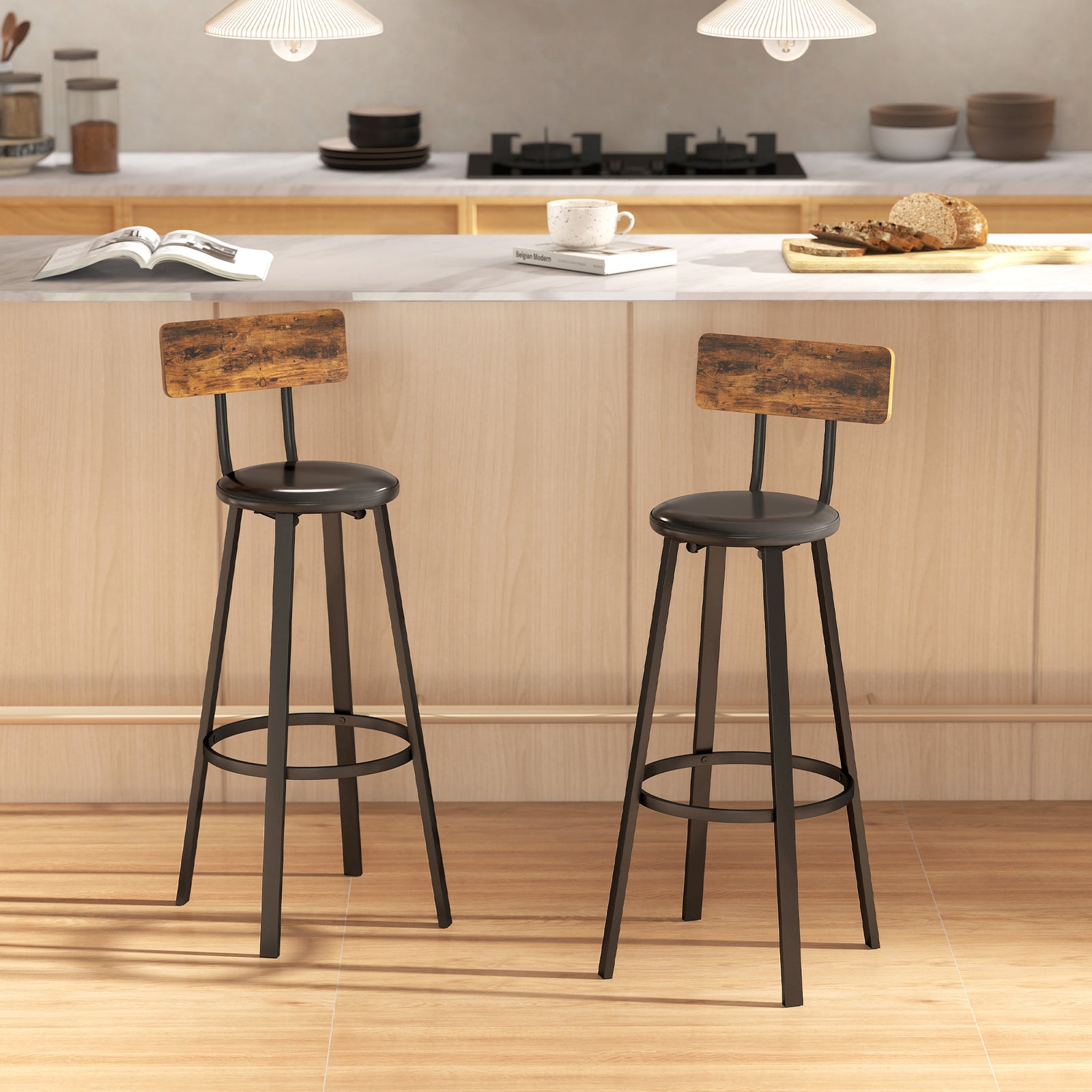 Barstools Set Of 2 With Padded Seat Backrest Rustic Brown Black