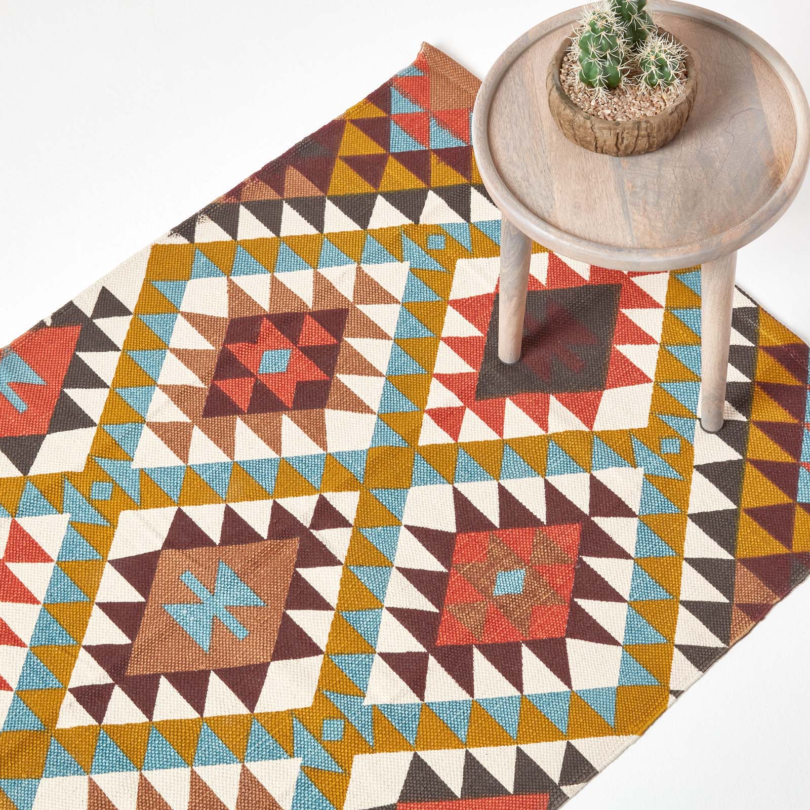 Oslo Orange, Brown And Yellow Multi Coloured 100% Cotton Diamond Pattern Rug | 120cm x 180cm | Black & Brown