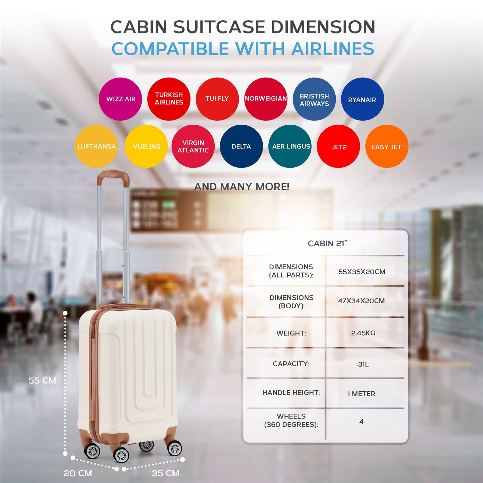 55x35x20cm Cabin Carry Bag Hard Shell Suitcase 100+ Airline Approved | Cabin | Cream