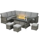 7 Pieces Rattan Set W/ Gas Fire Pit Table Grey