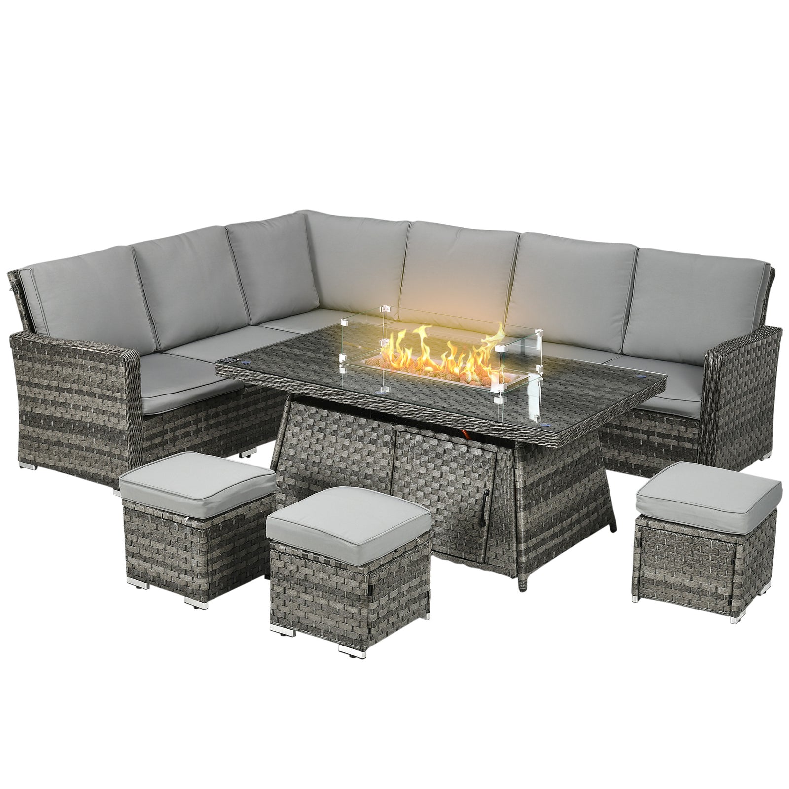 7 Pieces Rattan Set W/ Gas Fire Pit Table Grey