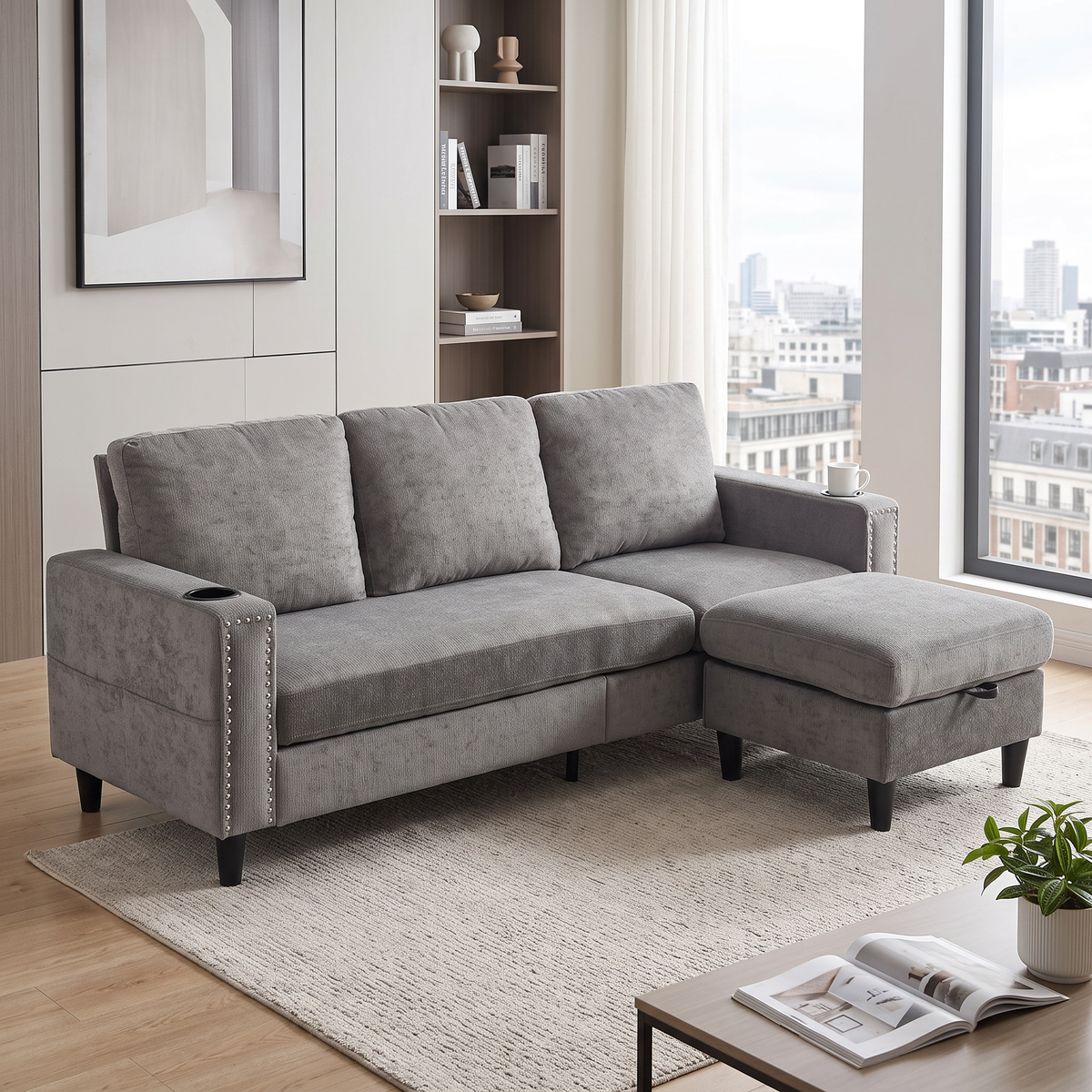 Chenille Upholstered L-shaped 3-seater Sectional Sofa With Ottoman | Grey