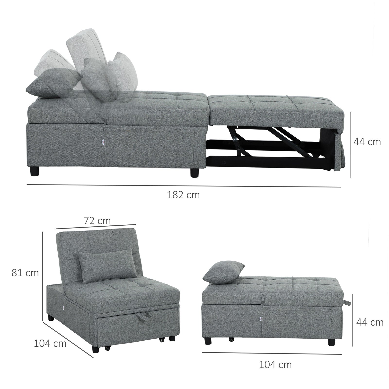 4-in-1 Pull Out Sleeper Chair Bed With Pockets | Grey