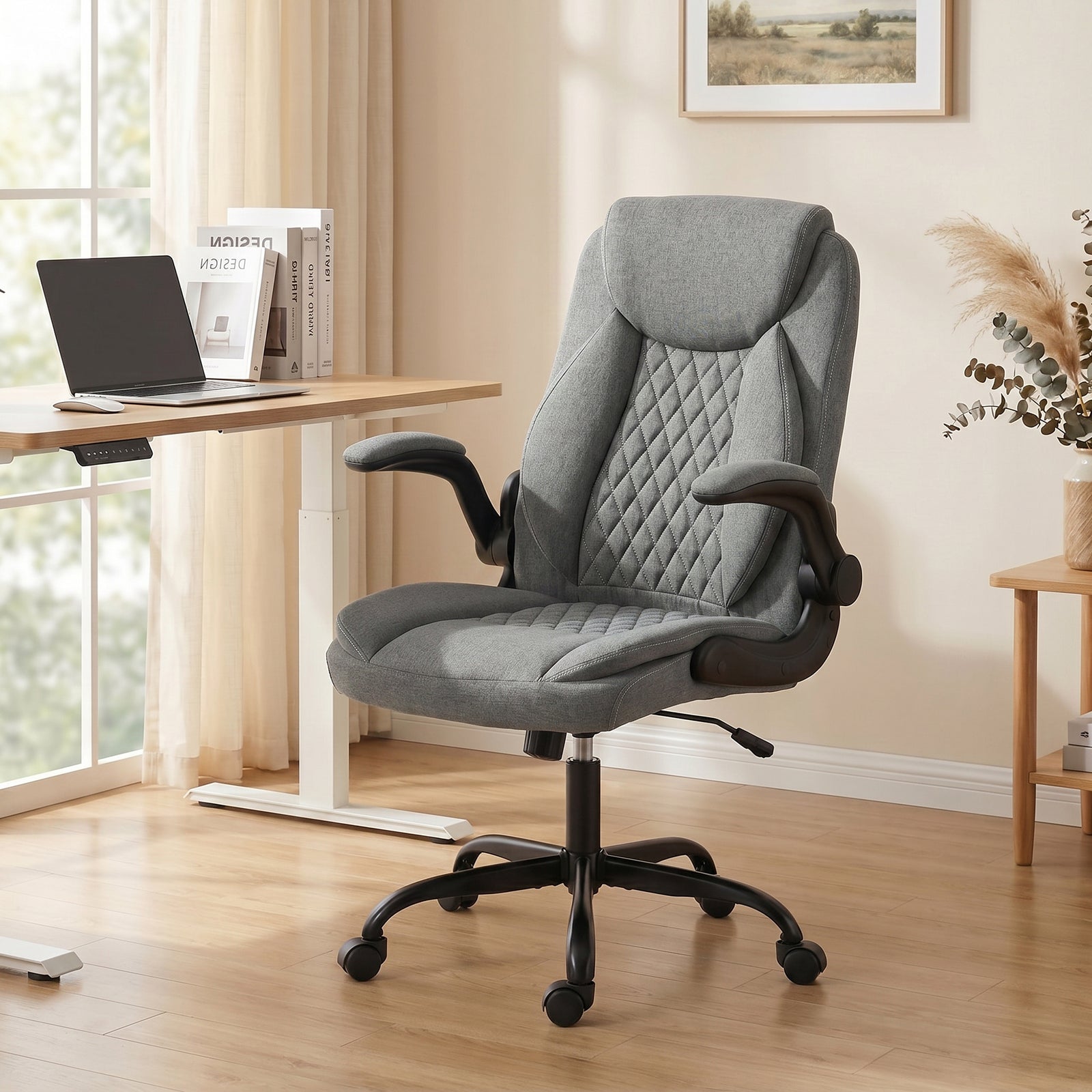 Linen-look Computer Desk Chair With Thick Cushion | Grey