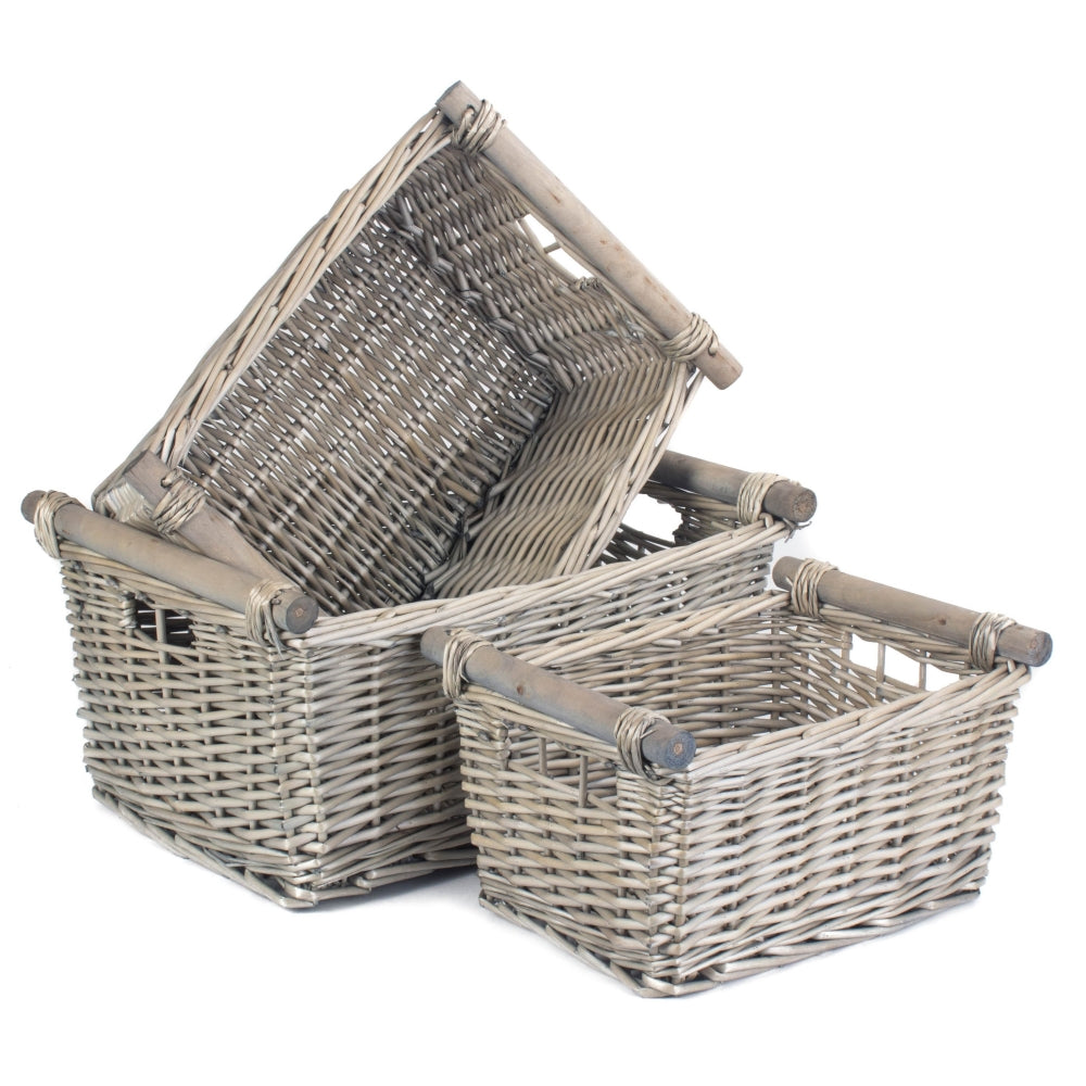 Wicker Grey Wash Wooden Handled Storage Basket | Set-of-3 | Gray