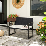 2 Seater Rattan Garden Bench With Cushion, Steel Frame | Black