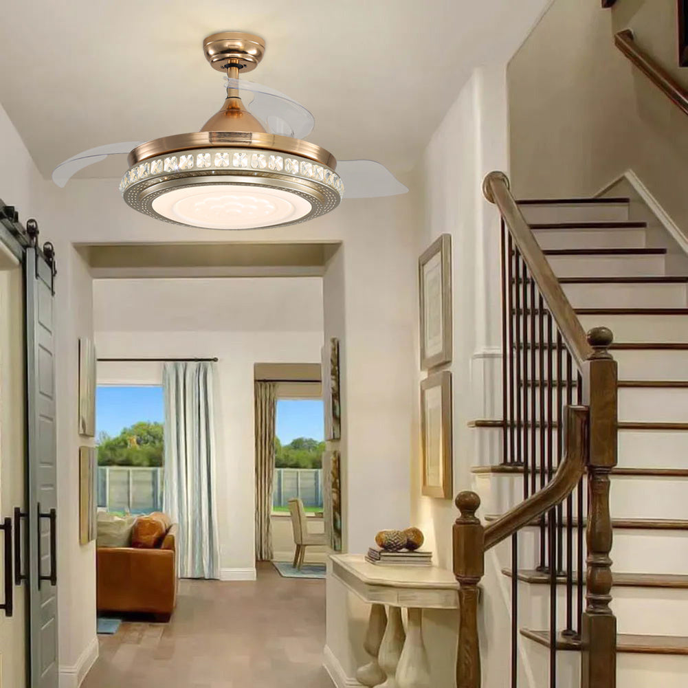 Modern 3 Blade Gold Crystal Ceiling Fan With Dimmable Led Light & Remote Luxury Round Design