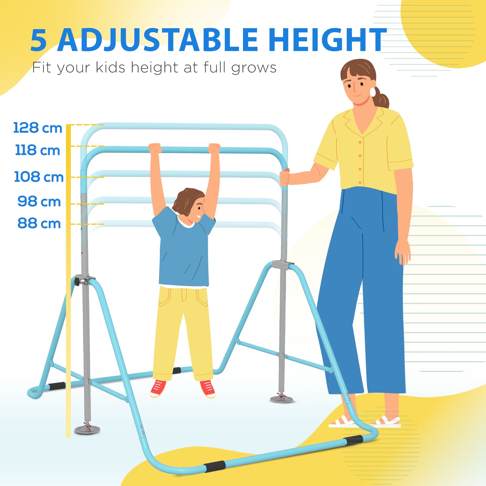 Kids Gymnastic Bar W/ Adjustable Height, Foldable Training Bar | Sky Blue